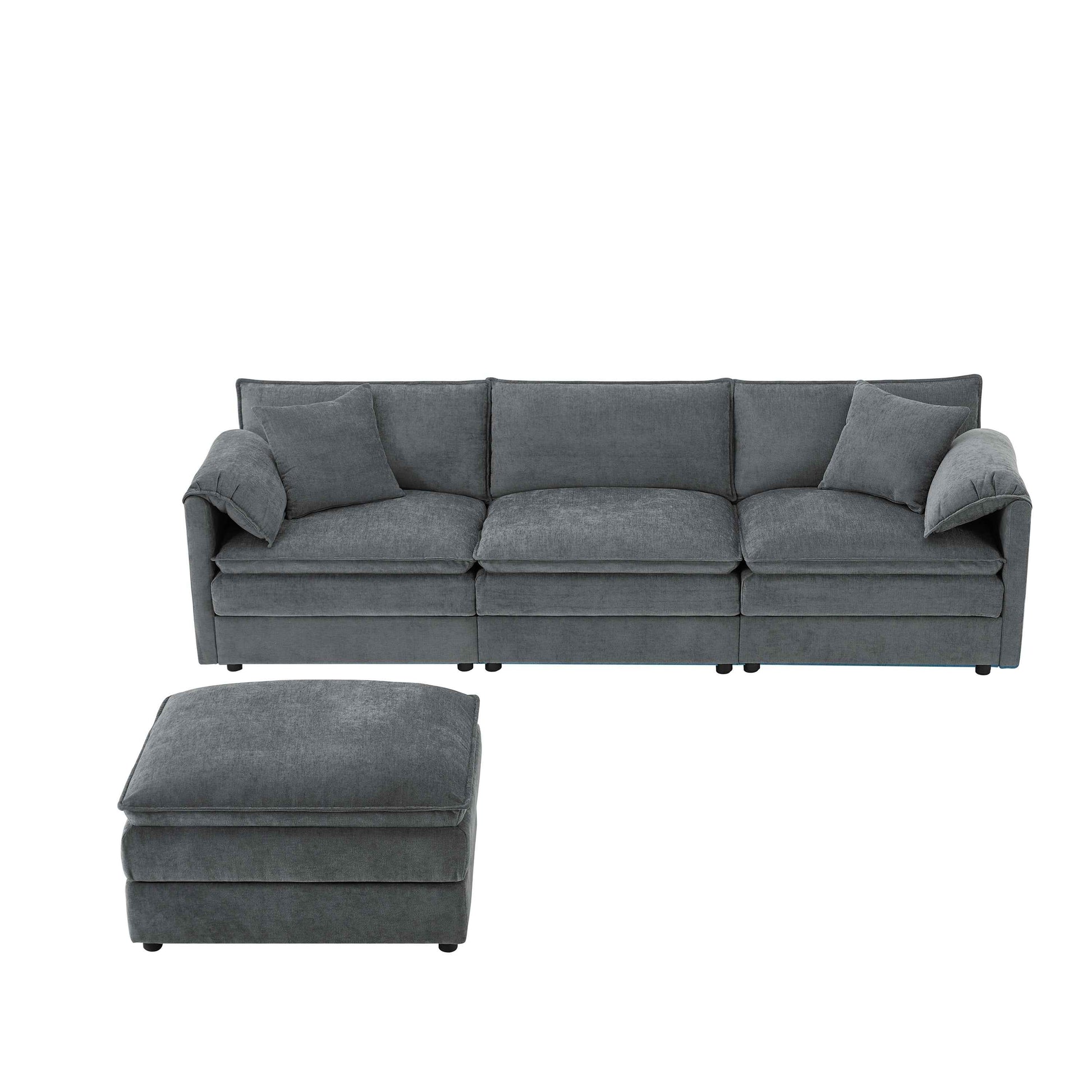 Chenille Modular Sectional Sofa with Deep and Wide Seat in Dark Gray, L Shaped Cloud Couch Set with Double Cushions, 4 Seat Sofa with Movable Ottoman