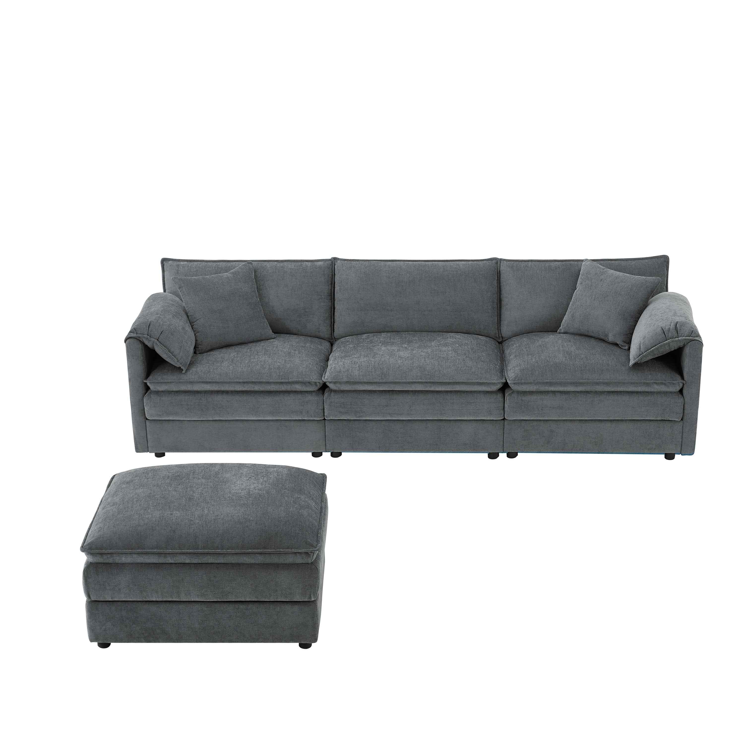 Chenille Modular Sectional Sofa with Deep and Wide Seat in Dark Gray, L Shaped Cloud Couch Set with Double Cushions, 4 Seat Sofa with Movable Ottoman