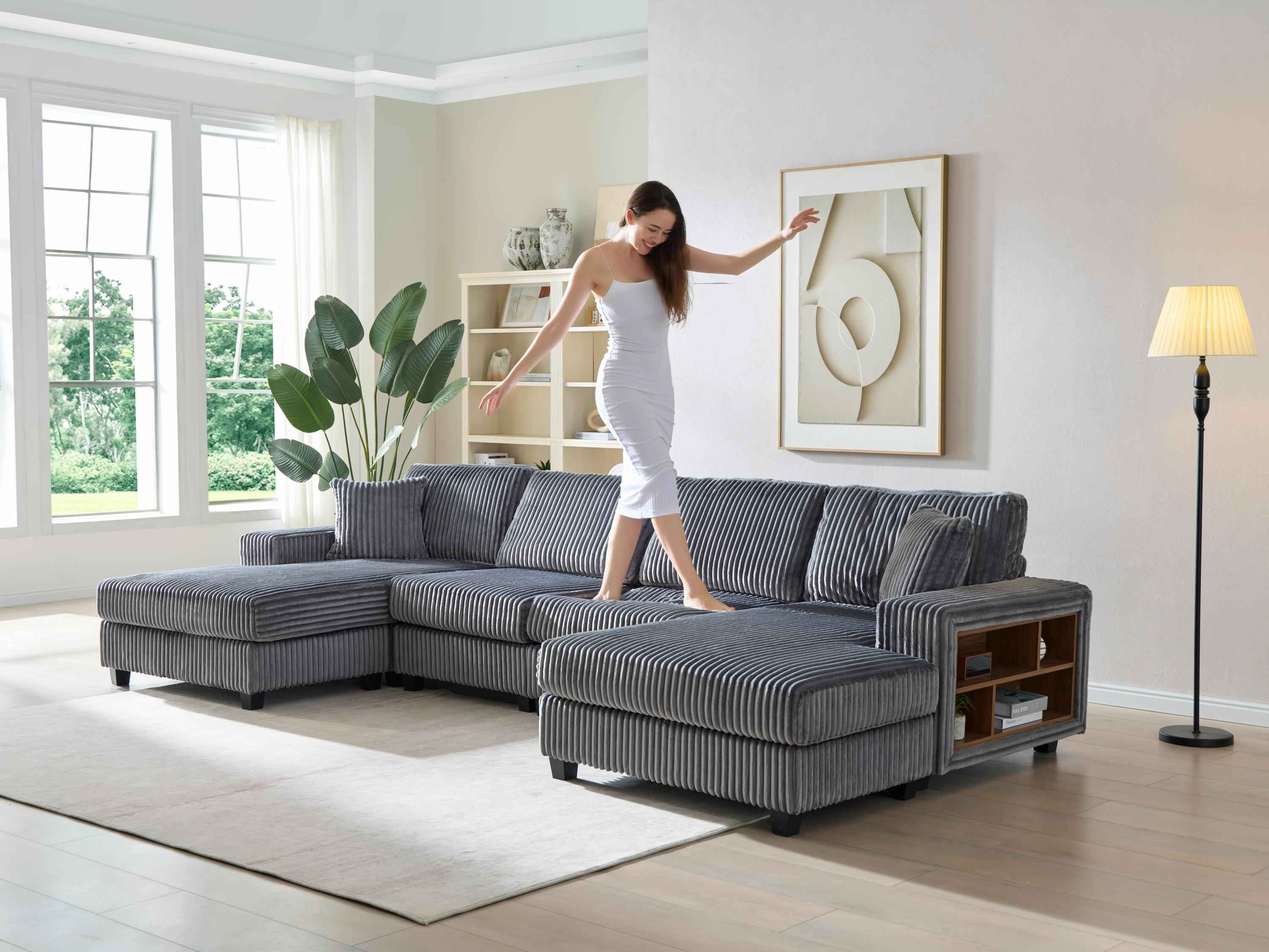 Convertible U-shaped Combination Sofa, Corduroy Fabric, Modern Comfortable Large Size 4 Seat Sofa, Living Room Double Lounge Chair , Dark Grey