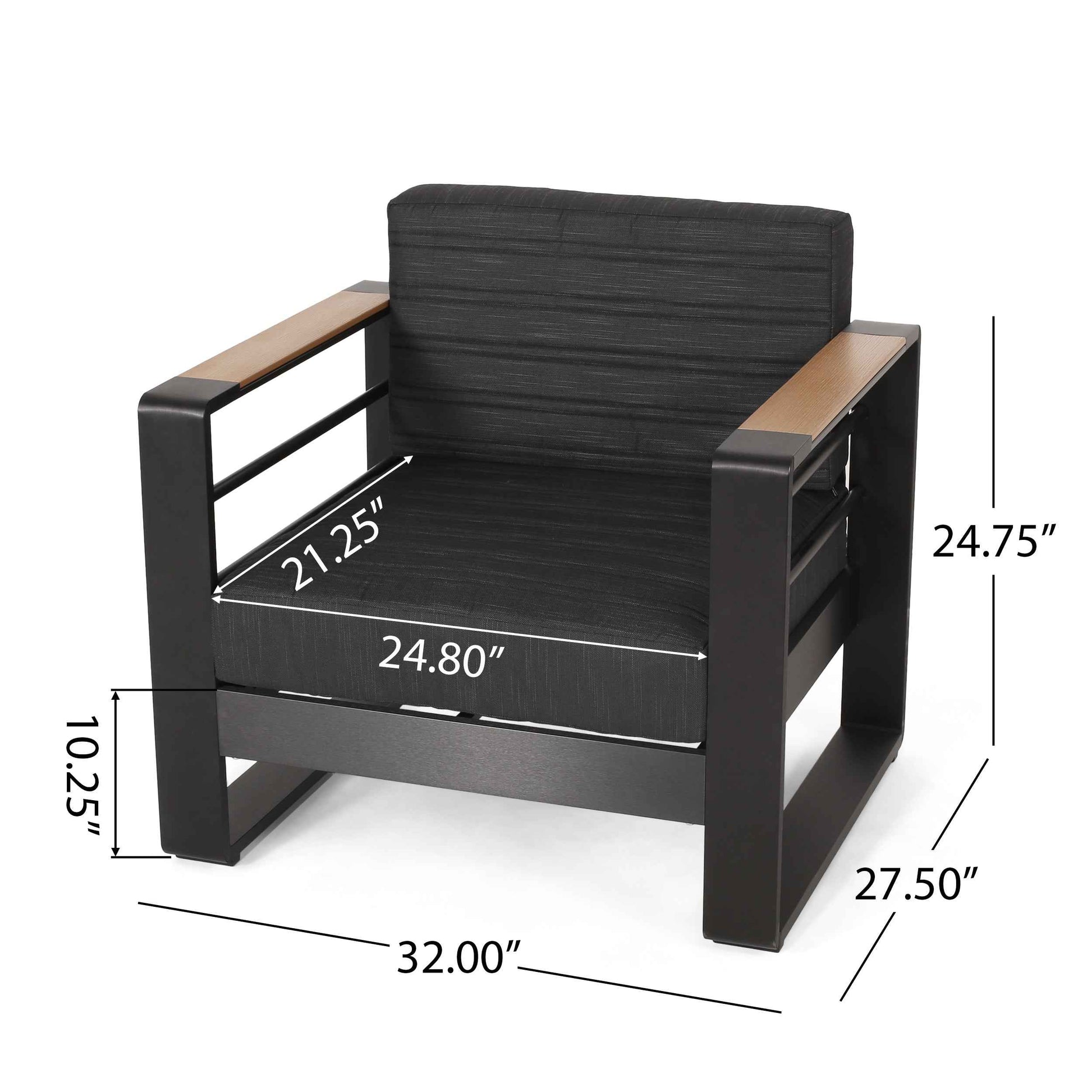 Giovanna Club Chair Set with Aluminum Frame and Water-Resistant Cushions in Black