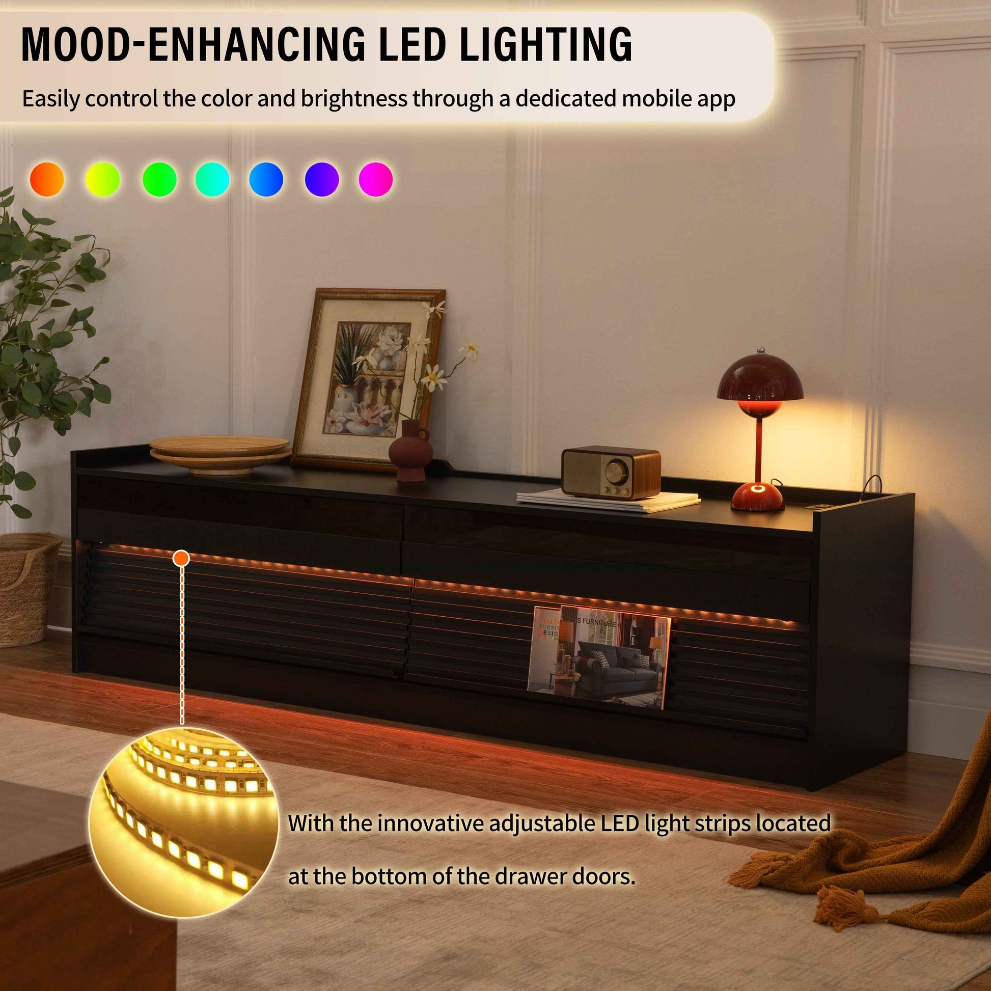 Mirod Modern TV Stand with Ample Storage,4 Drawer Design with Tempered Glass ,Built-in Charging Ports and Ambient LED Lighting ,Versatile for Any Decor Style