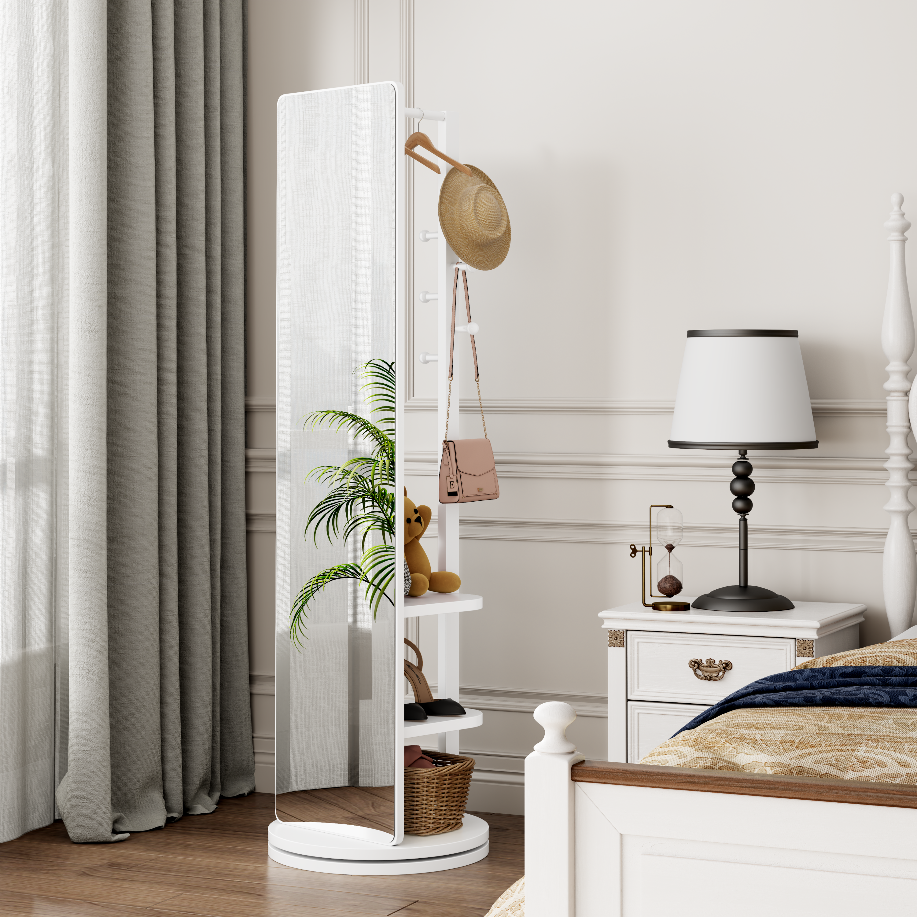 360° Rotating 69'x20' Multifunctional Full Length Mirror with Hook Storage Rack Coat Rack with Mirror Solid Wood Floor Mirror Bedroom Living Room Cloakroom Space Saving (white)