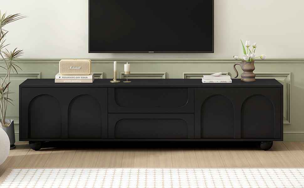 ON-TREND Cream Style TV Stand with Arched Doors & 2 Drawers for TVs up to 75', Minimalist Media Console with Rebound Device, Entertainment Center with 5 Iron Round Legs for Living Room, Bedroom, Black