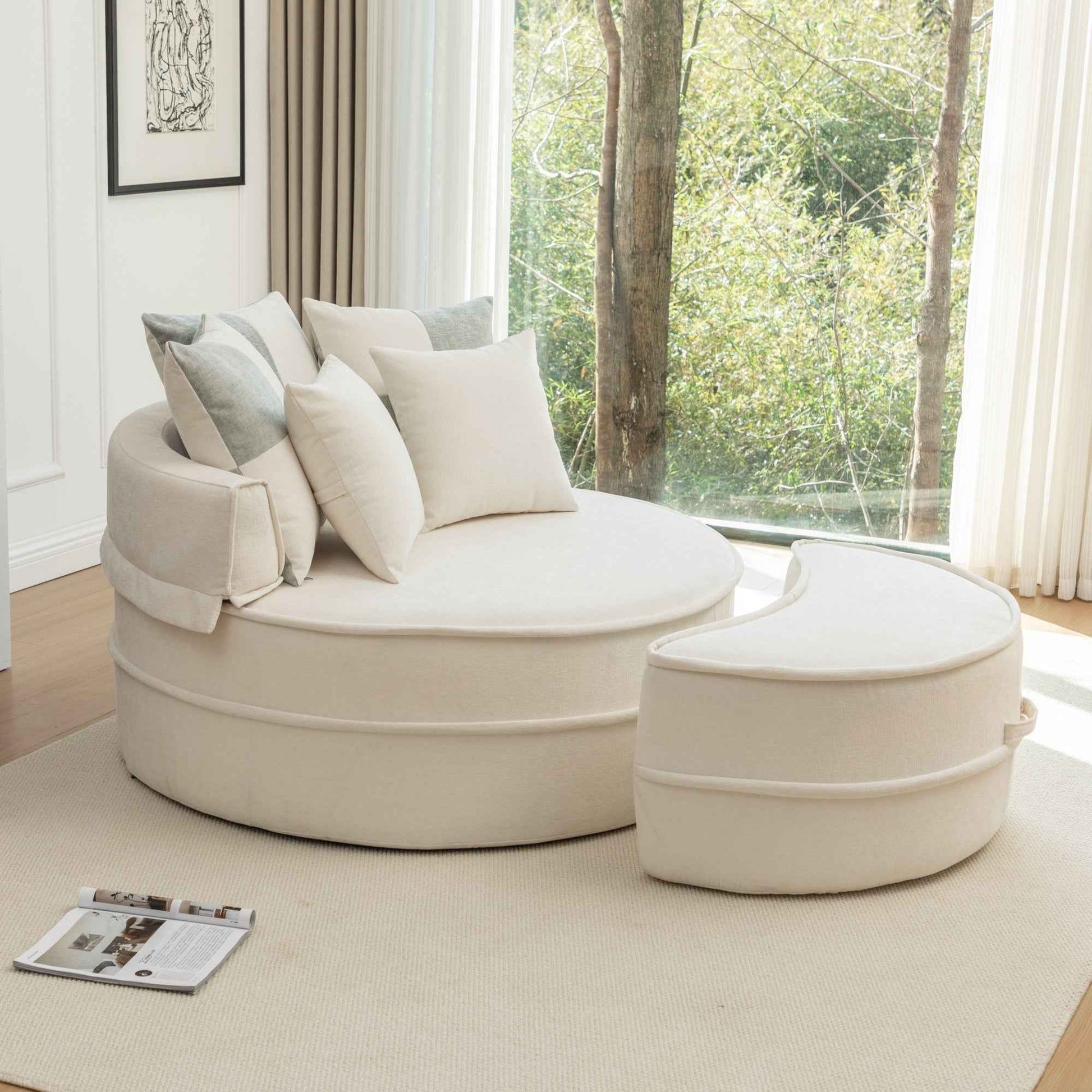 Modern Oversized Beige Round Barrel Accent Chair with Ottoman - Velvet Upholstered Lounge Armchair with 5 Pillows for Living Room or Bedroom