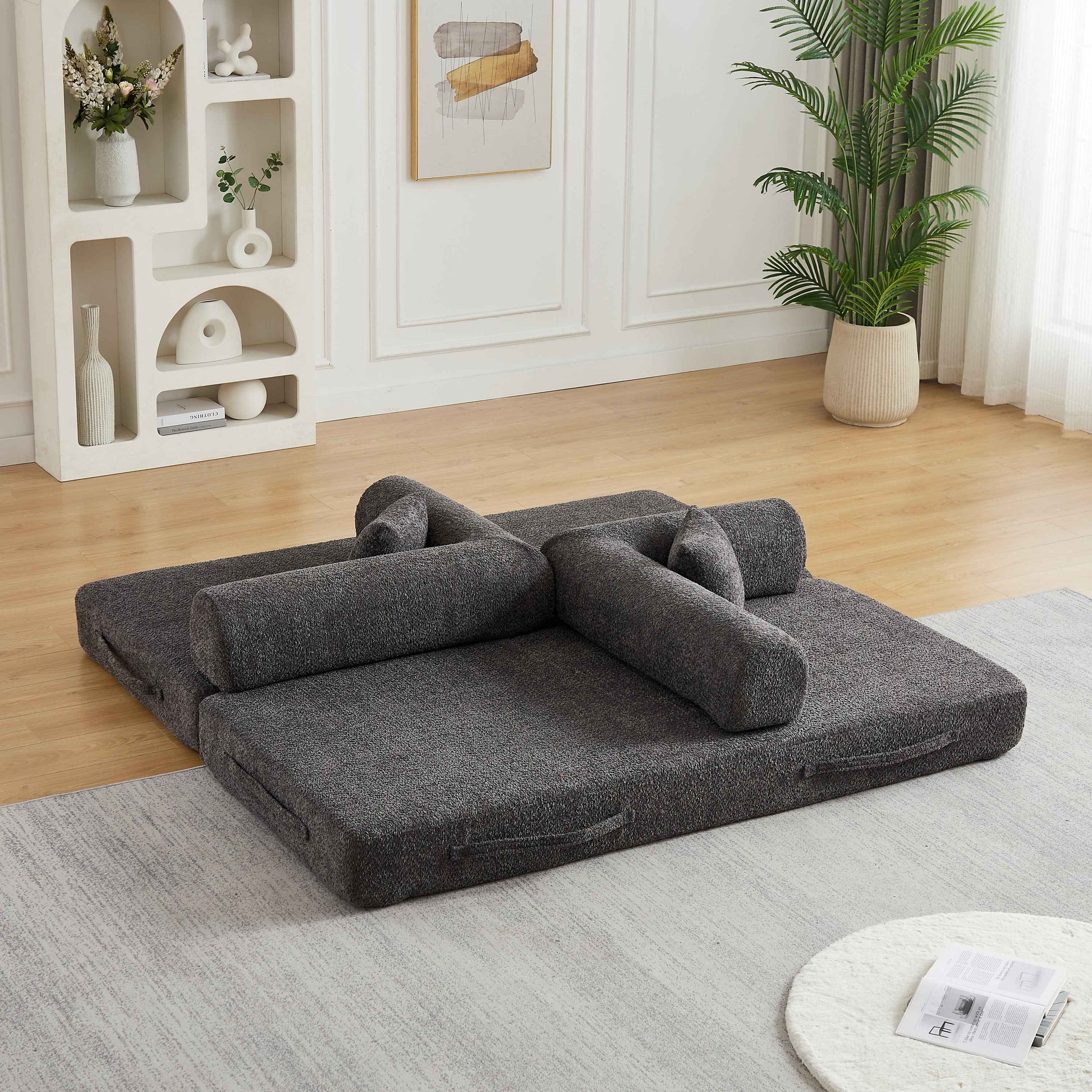 78.7-Inch Convertible Sleeper Sofa Bed with Cylindrical Pillow, Chenille Folding Mattress Couch with ,Folding Sofa Bed with Side Pocket, Floor Sofa Lounge Couch for Living Room Bedroom Lounge Studio