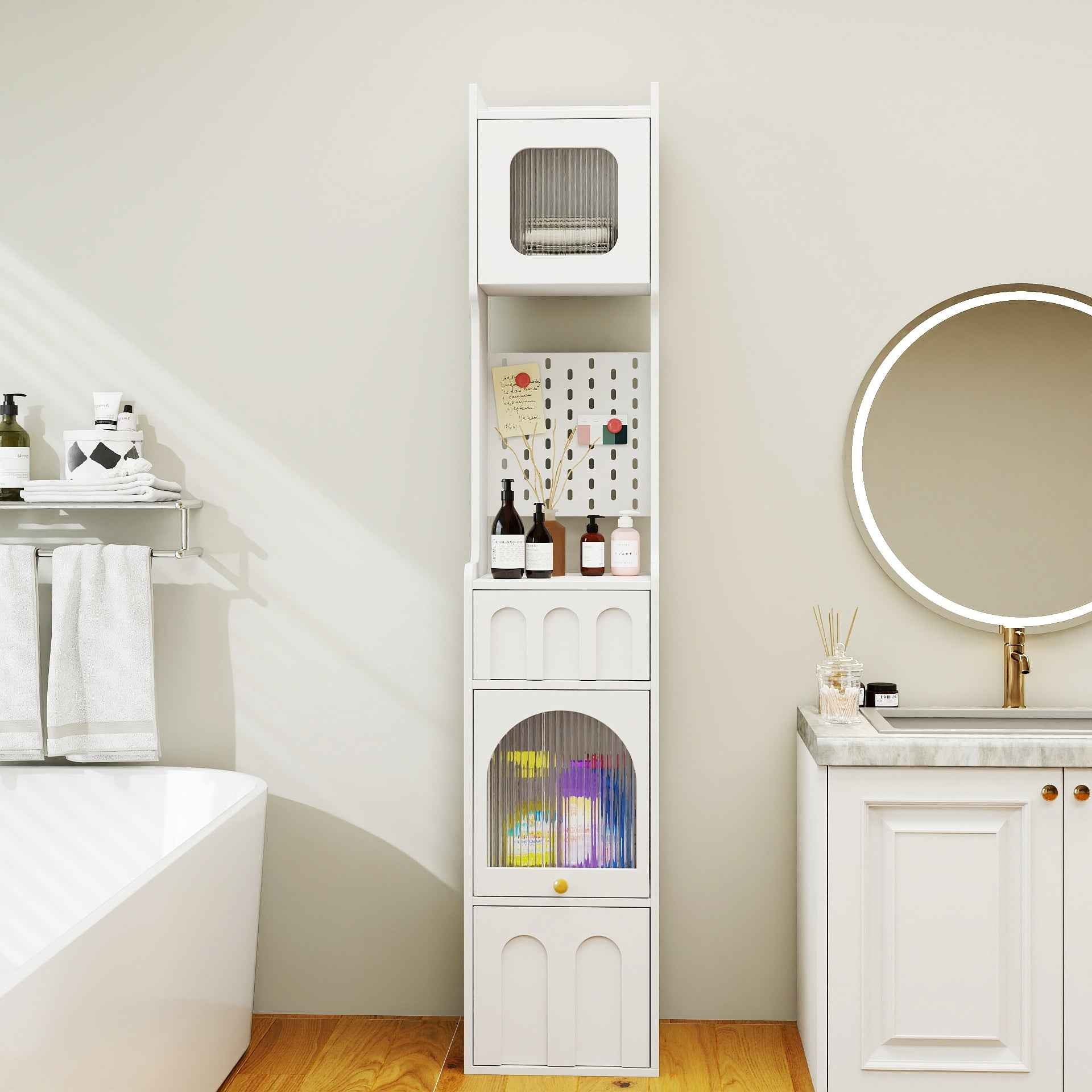 70.87' H Tall Bathroom Storage Cabinet with 1 Doors and 2 Drawer, Narrow Storage Unit, Floor Cabinet for Bathroom, Living Room, Entryway, Kitchen, White