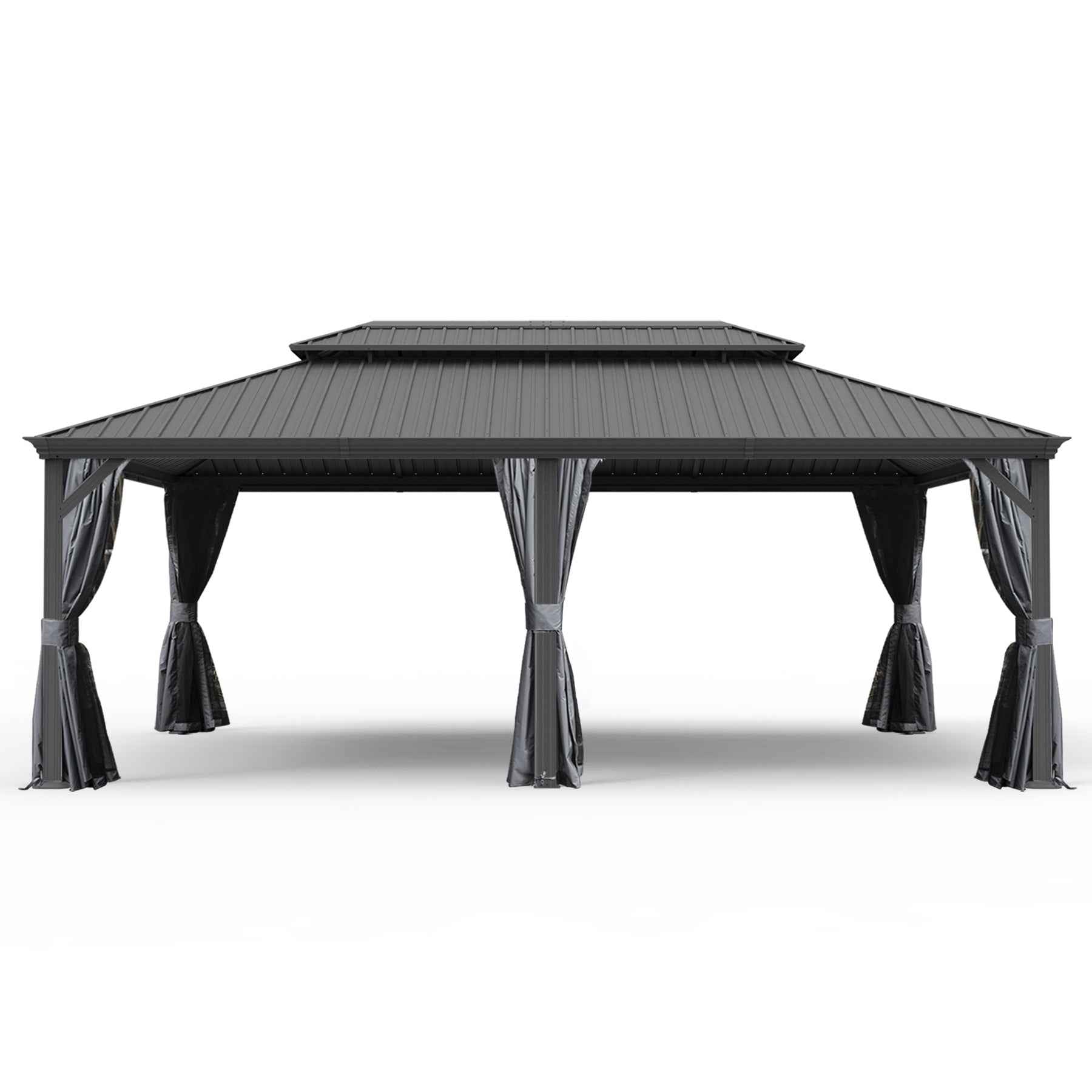 14' X 22' Hardtop Gazebo, Upgraded Metal Gazebo with Drainage System, Dual-Layer Galvanized Steel Roof, Curtain and Netting, Outdoor Shelter Canopy for Patio, Garden, and Backyard, Grey