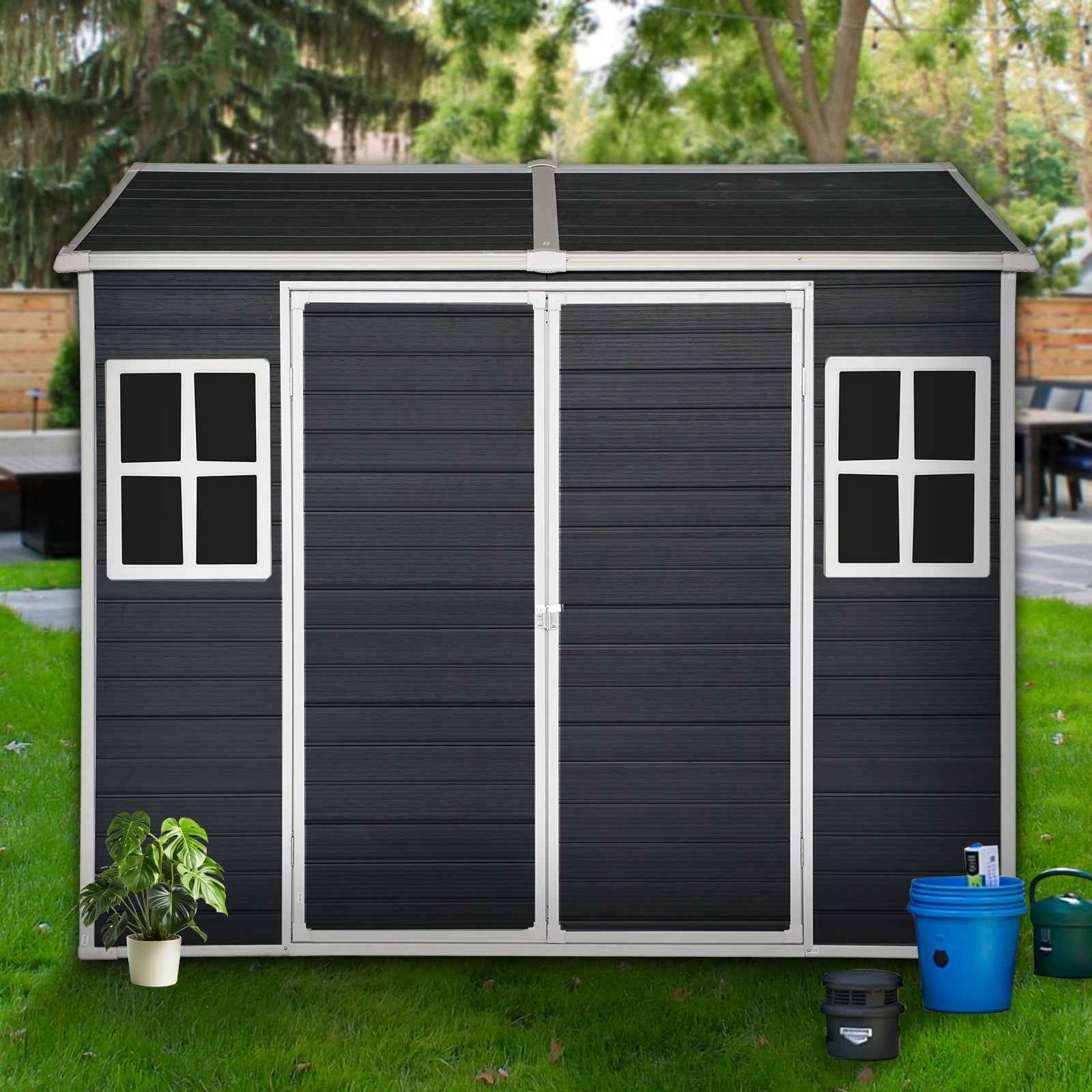 8x4ft Outdoor Resin Garden Shed with Floor and 2 Windows, Plastic Patio Outdoor Storage Shed with Lockable Door for Garden Tools, Bicycles, Trash Cans, Black