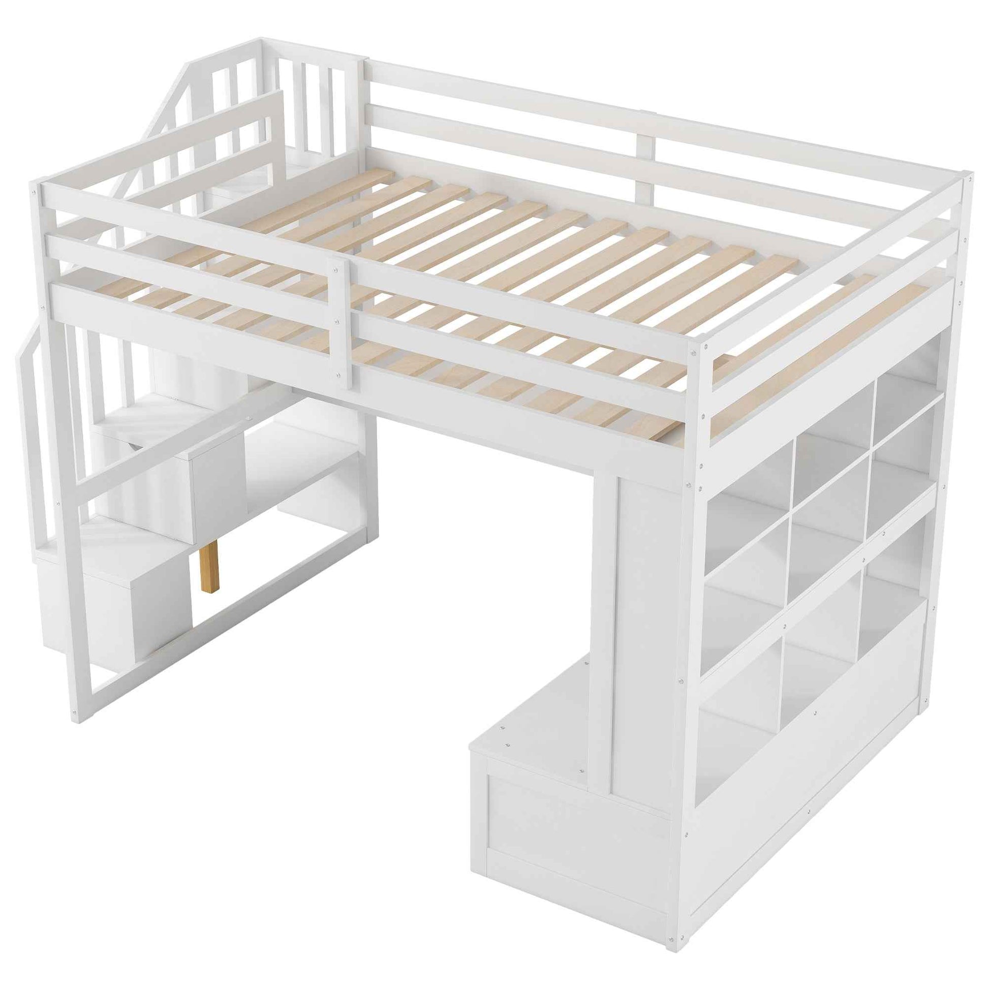 White Full Size Loft Bed with Built-in Desk, Shelves, Two Drawers, Storage Staircase, Solid Pine Wood and MDF