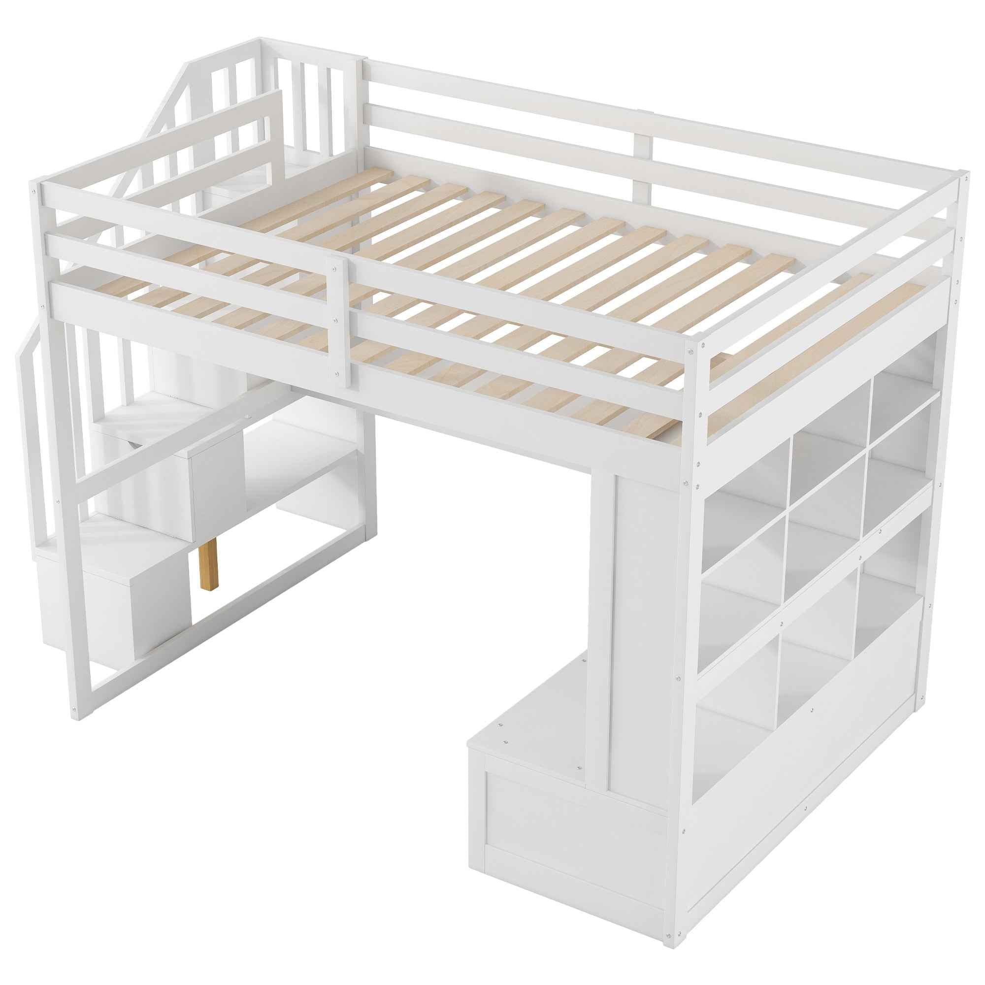 White Full Size Loft Bed with Built-in Desk, Shelves, Two Drawers, Storage Staircase, Solid Pine Wood and MDF