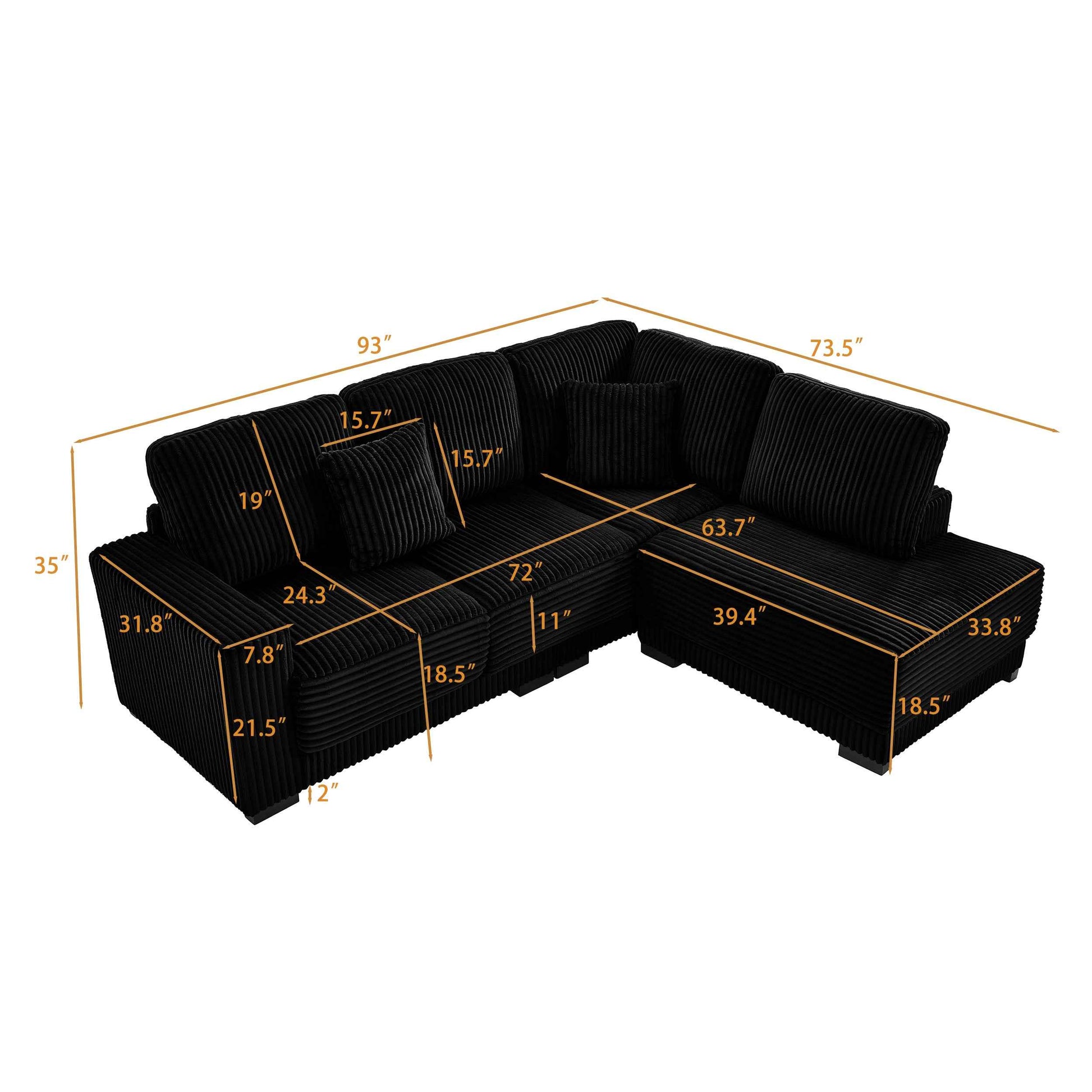 93' Sectional Sofa, L Shaped Sofa Couch with Reversible Chaise Lounge, Upholstered Soft Corduroy Couch for Living Room, Apartment (Black)