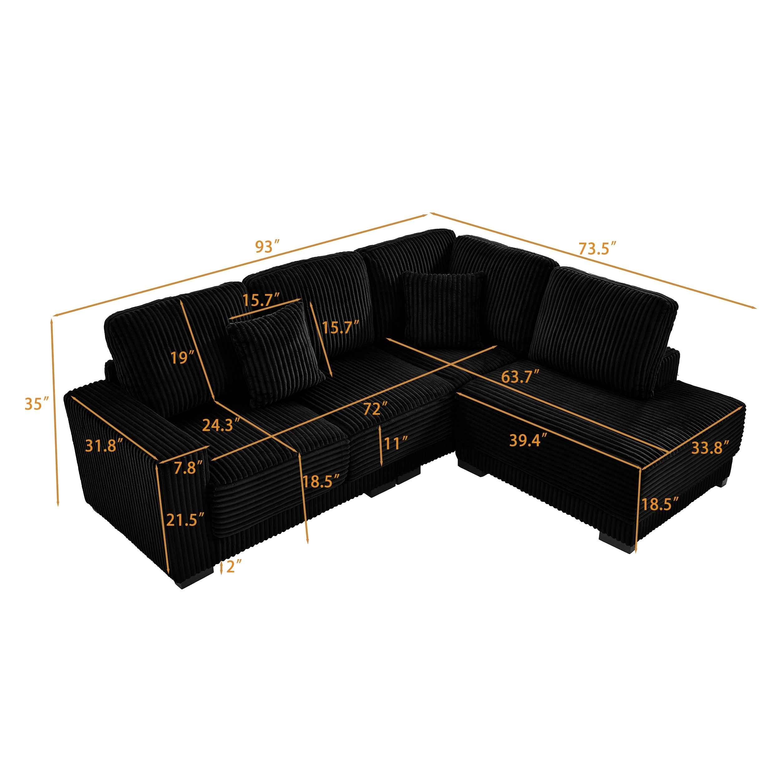 93' Sectional Sofa, L Shaped Sofa Couch with Reversible Chaise Lounge, Upholstered Soft Corduroy Couch for Living Room, Apartment (Black)