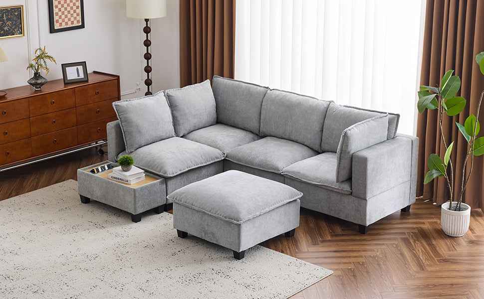 Modular 90' U-shaped Sectional Sofa with Movable Ottoman and Hidden Charging Coffee Table, Grey, Chenille