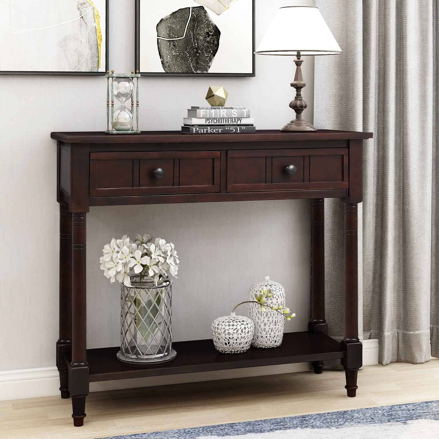 TREXM Daisy Series Console Table Traditional Design with Two Drawers and Bottom Shelf (Espresso)