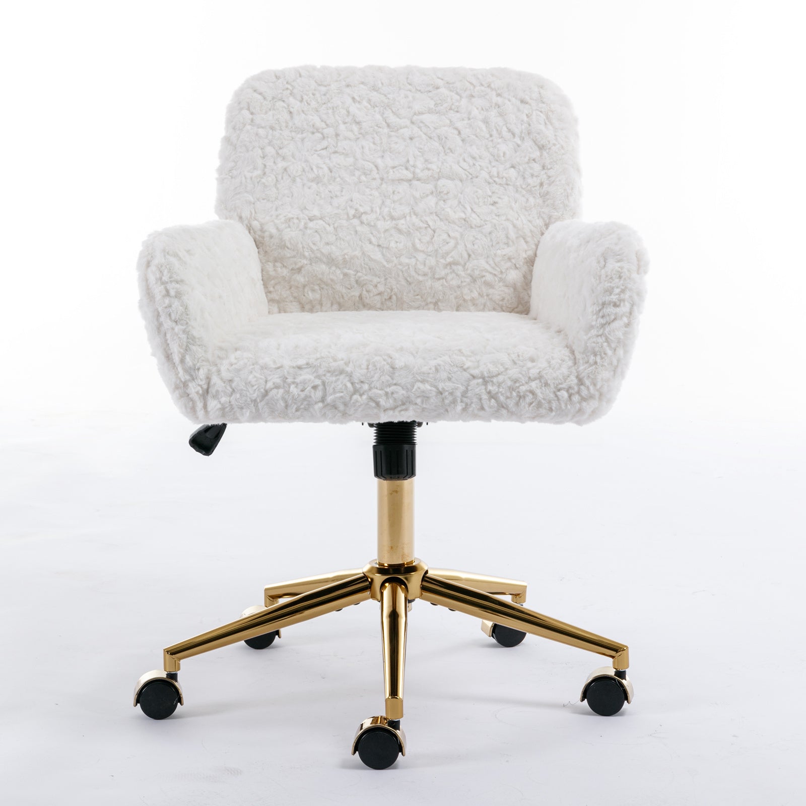 A&A Furniture Artificial Rabbit Hair Office Chair with Golden Metal Base, Adjustable Swivel Vanity Chair, Beige Velvet - Abrihome