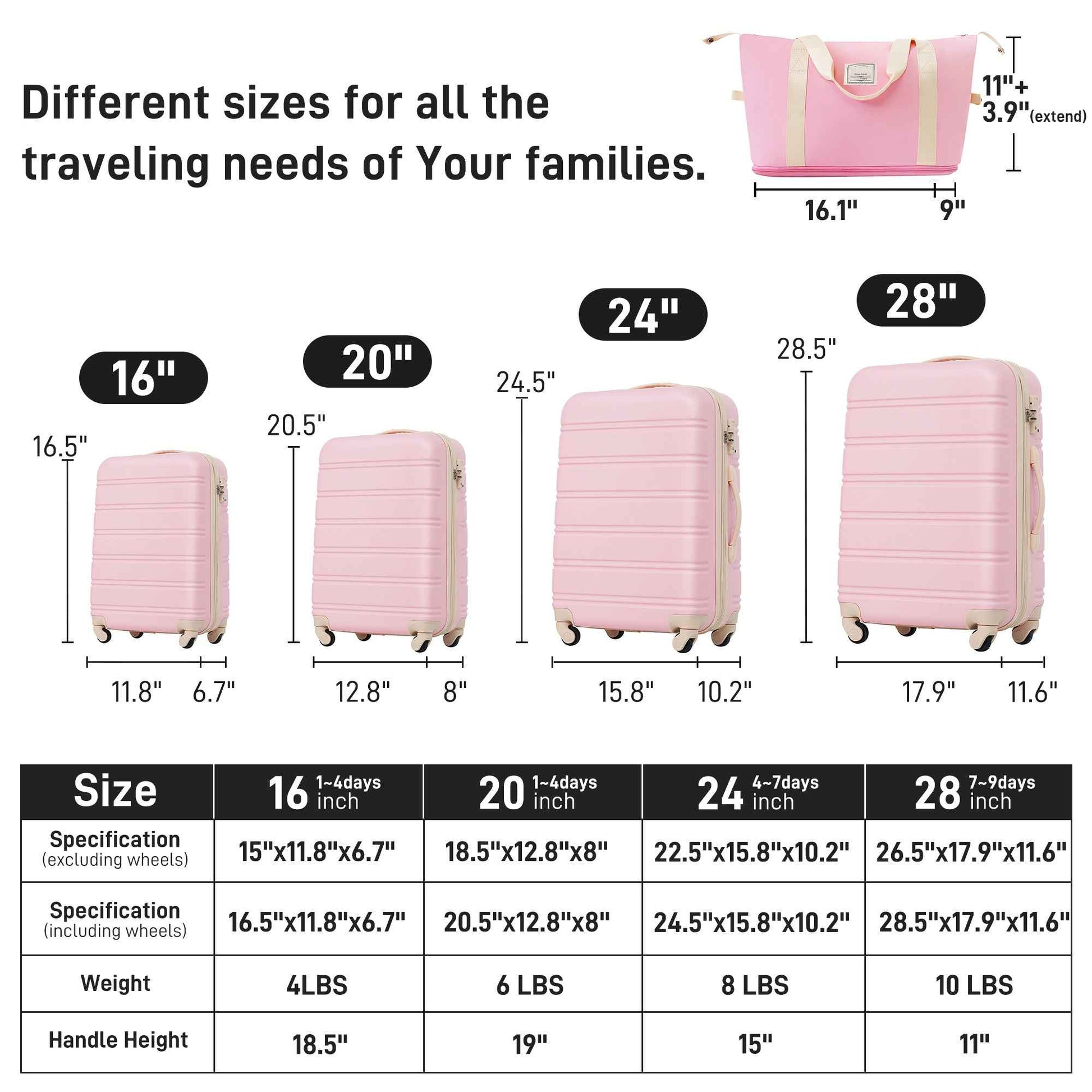 Hardshell Luggage Sets 4 pcs + Bag Spinner Suitcase with TSA Lock Lightweight-16'+20'+24'+28' Luggages