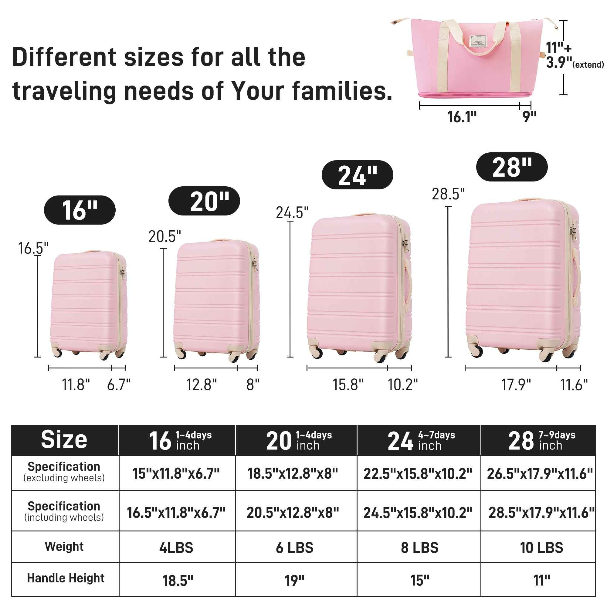 Hardshell Luggage Sets 4 pcs + Bag Spinner Suitcase with TSA Lock Lightweight-16'+20'+24'+28' Luggages