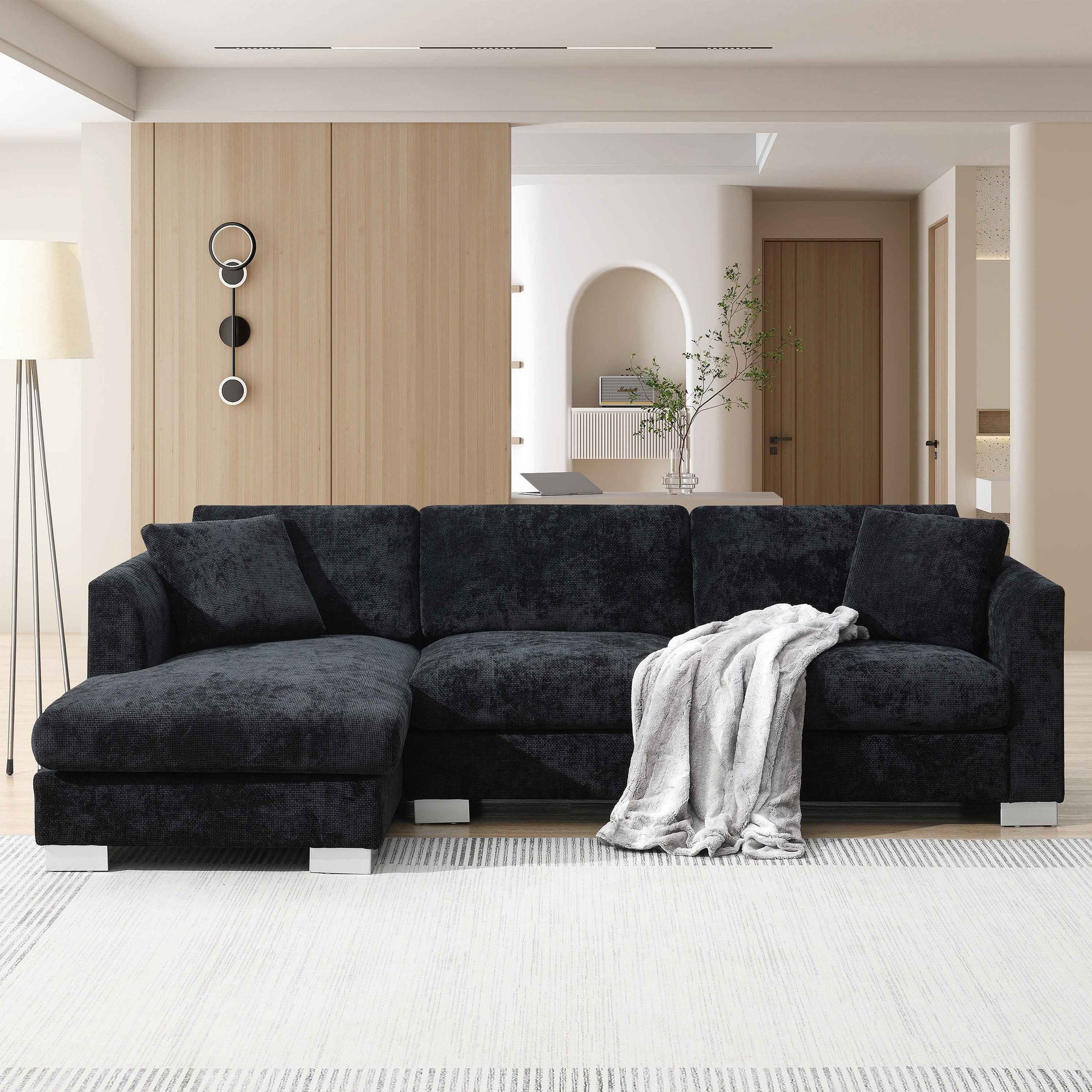 Modern Cloud L-Shaped Sectional Sofa with Chaise, Chenille Fabric, 3 Colors, 96*56 inches