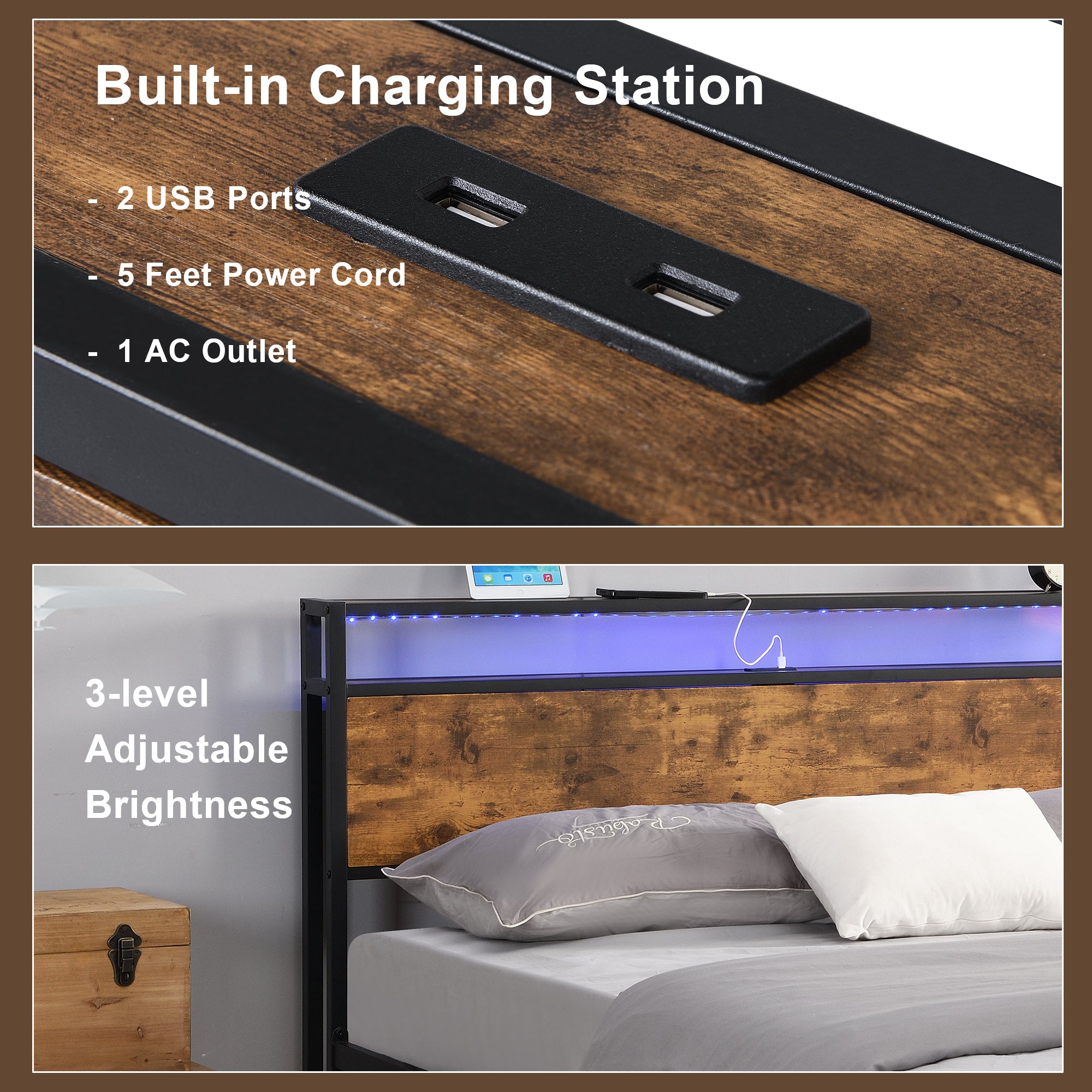 Industrial Queen Bed Frame with LED Lights and 2 USB Ports, Bed Frame Queen Size with Storage, Noise Free, No Box Spring Needed, Rustic Brown