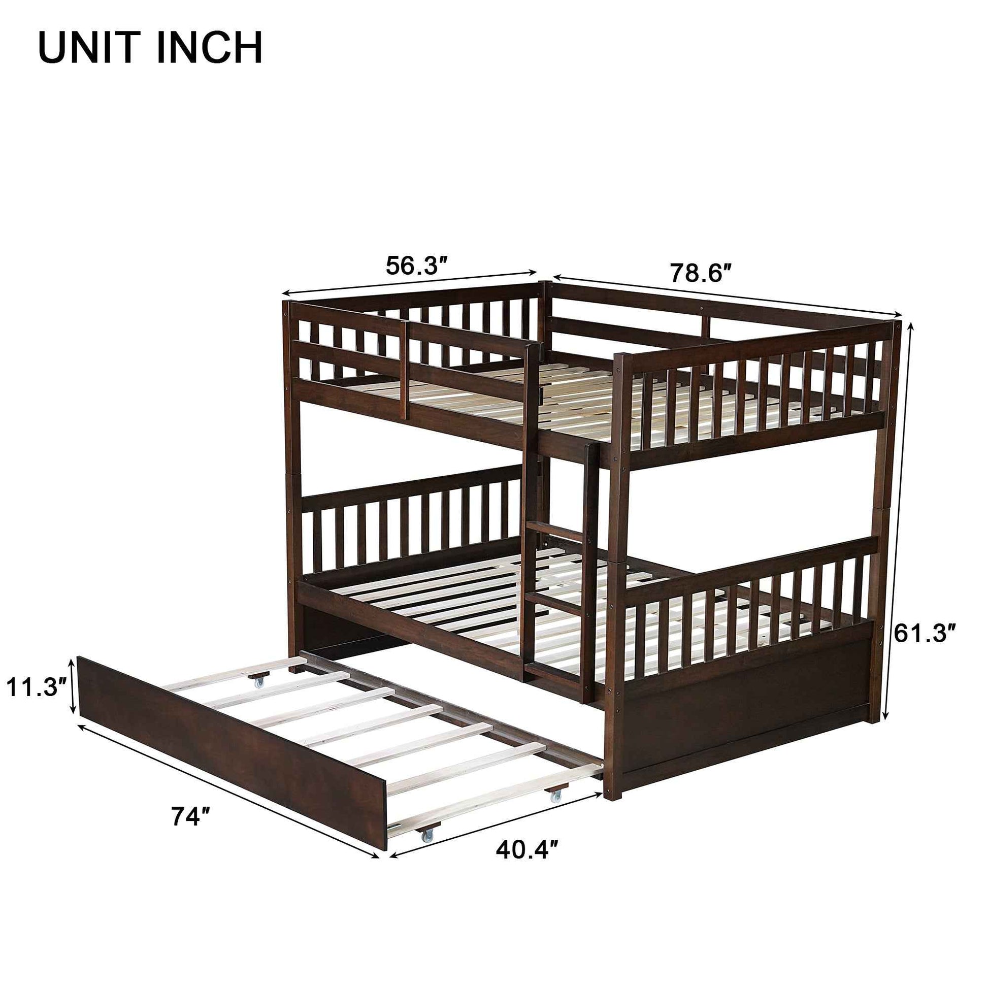Full Over Full Rubber Wood Bunk Bed with Trundle, Ladder and Guardrails, Convertible to 2 Full Size Beds, with Twin Size Trundle ,Espresso