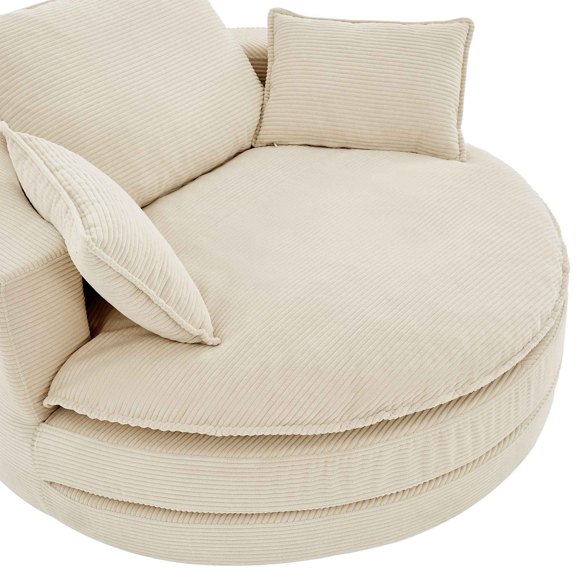 Accent Barrel Chair 360° Swivel Sofa Chair with Dual-layer Cushion and 3 Removable Pillows, Beige Corduroy, 57.5'