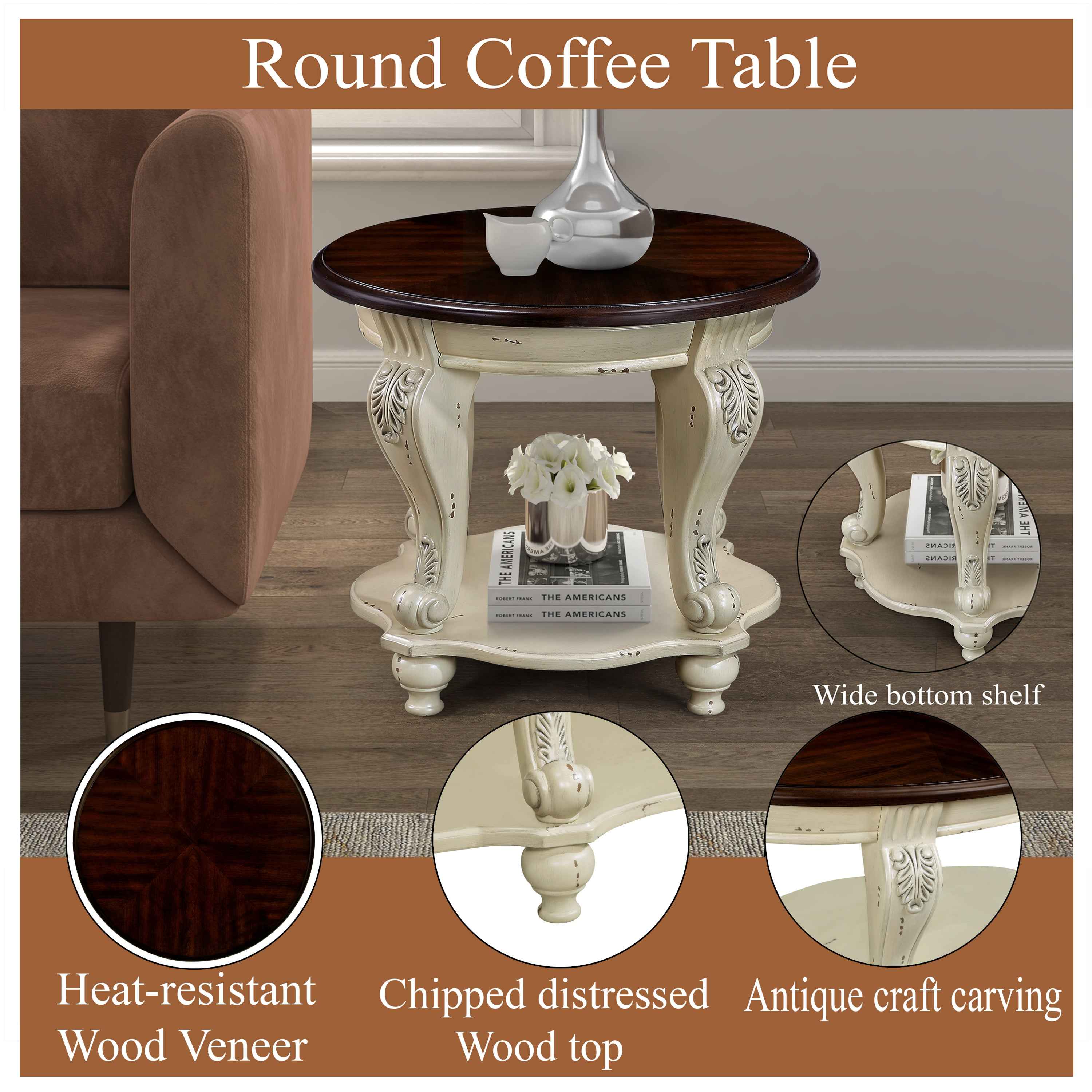 22'' Two Tone Round End Table,Solid Wood Sofa Side Table with Shelf,Living Room Corner Table Easy Assemble,Beige and Espresso Top