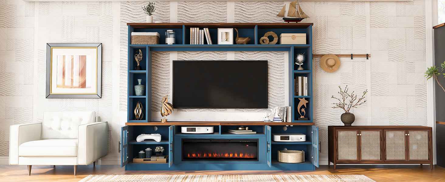 U-Can 95.5' W Wall Unit Entertainment Center with Bookshelves for TVs up to 80', Modern TV Stand Media Console with electric fireplace  Cabinets,  and Adjustable Shelves for Living Room