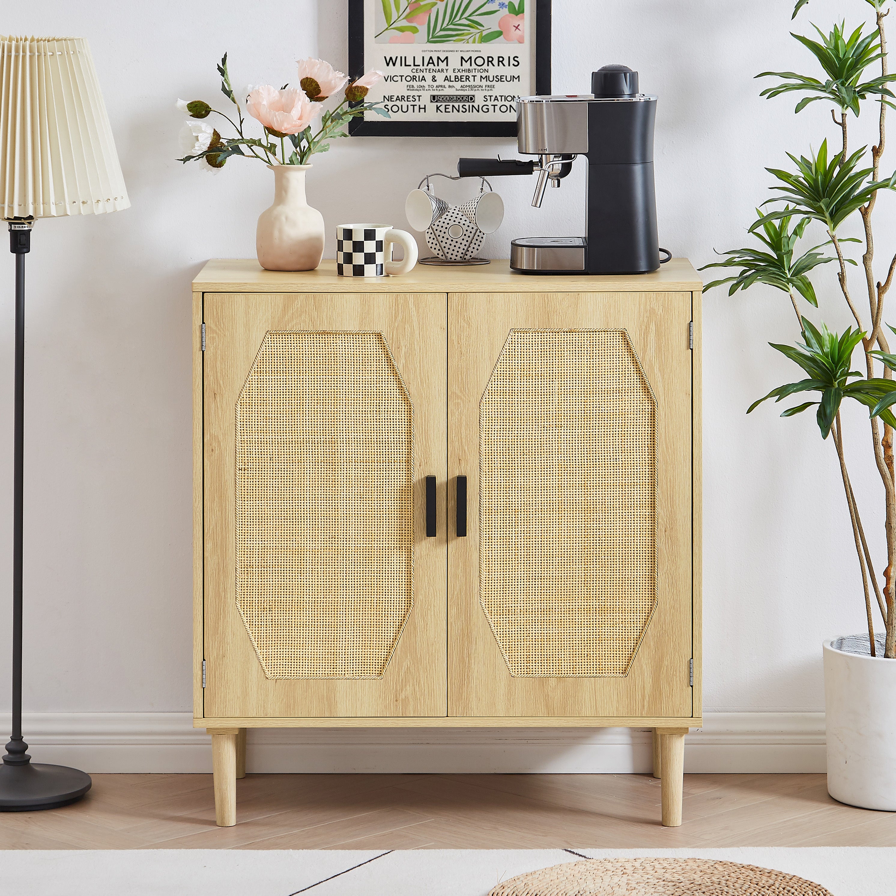 Kitchen storage cabinets with rattan decorative doors, buffets, wine cabinets, dining rooms, hallways, cabinet console tables, Natural, 31.5''W X 15.8''D X 34.6"H.