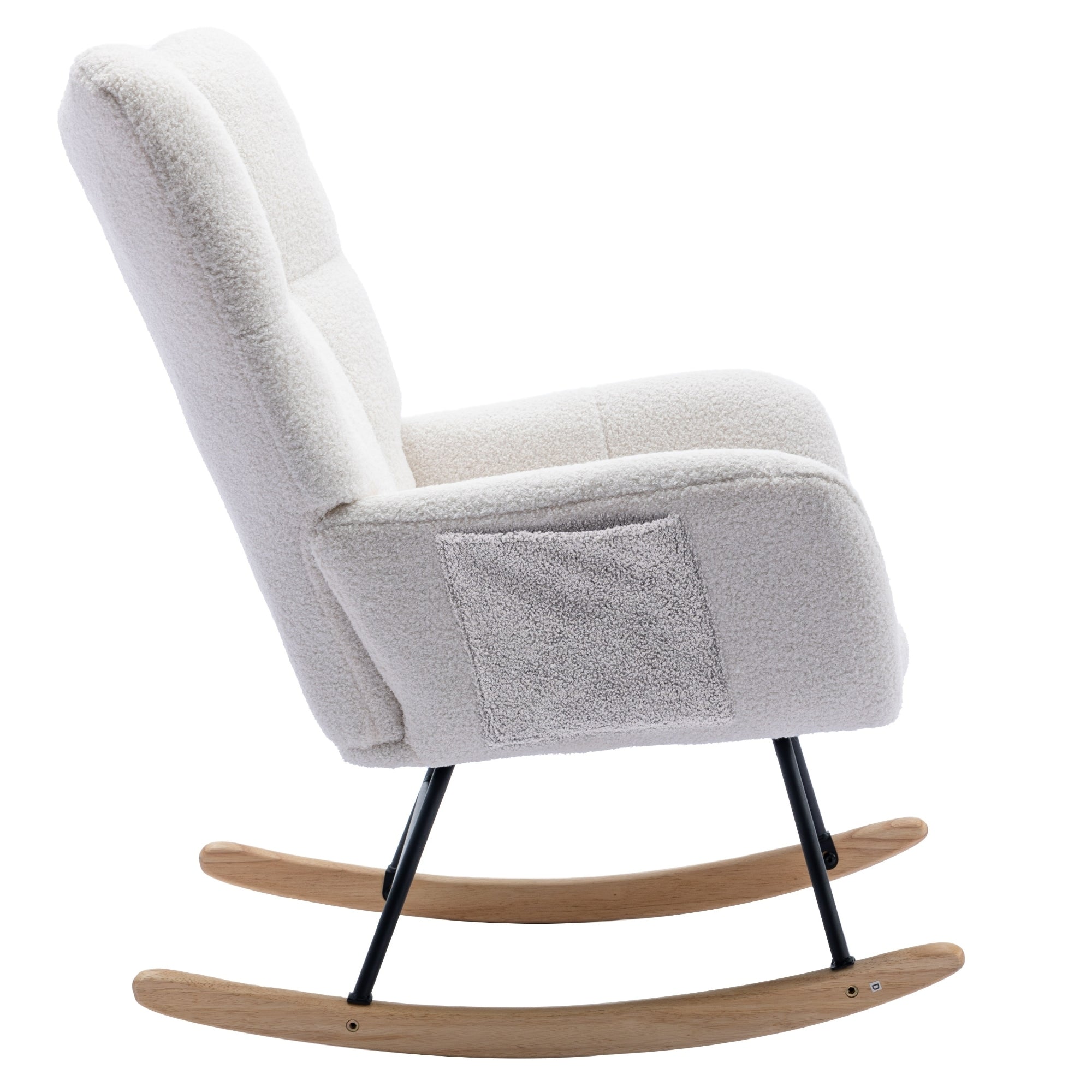 Rocking Chair with Pocket, Soft Teddy Fabric Rocking Chair for Nursery, Comfy Wingback Glider Rocker with Safe Solid Wood Base for Living Room Bedroom Balcony (white)