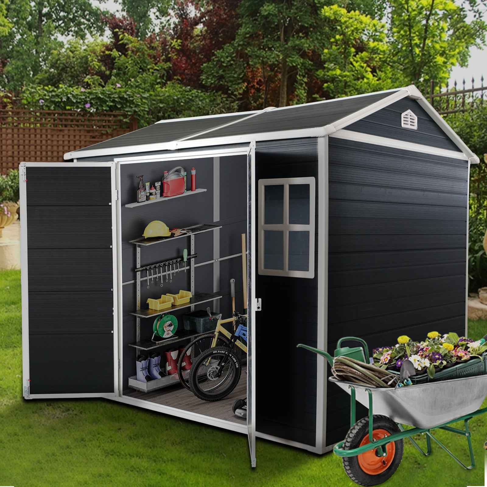 8x4ft Outdoor Resin Garden Shed with Floor and 2 Windows, Plastic Patio Outdoor Storage Shed with Lockable Door for Garden Tools, Bicycles, Trash Cans, Black