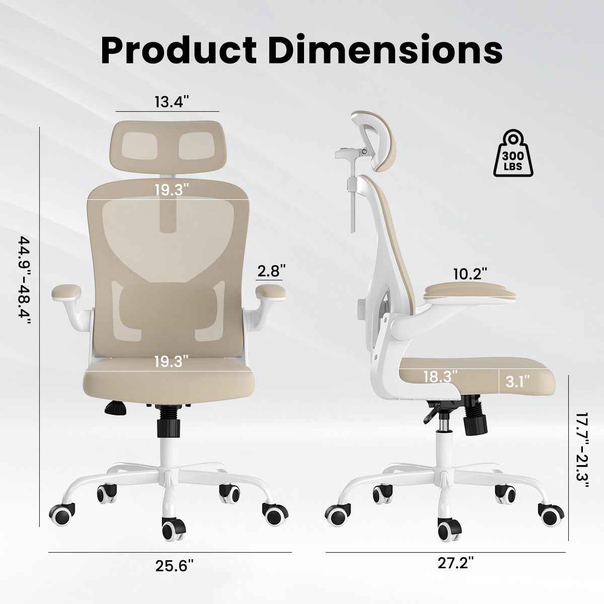 Ergonomic Office Chair, Home Office Desk Chair with Headrest, High Back Computer Chair with Armrests and Adjustable Lumbar Support for Home Office Study Room, White & Khaki