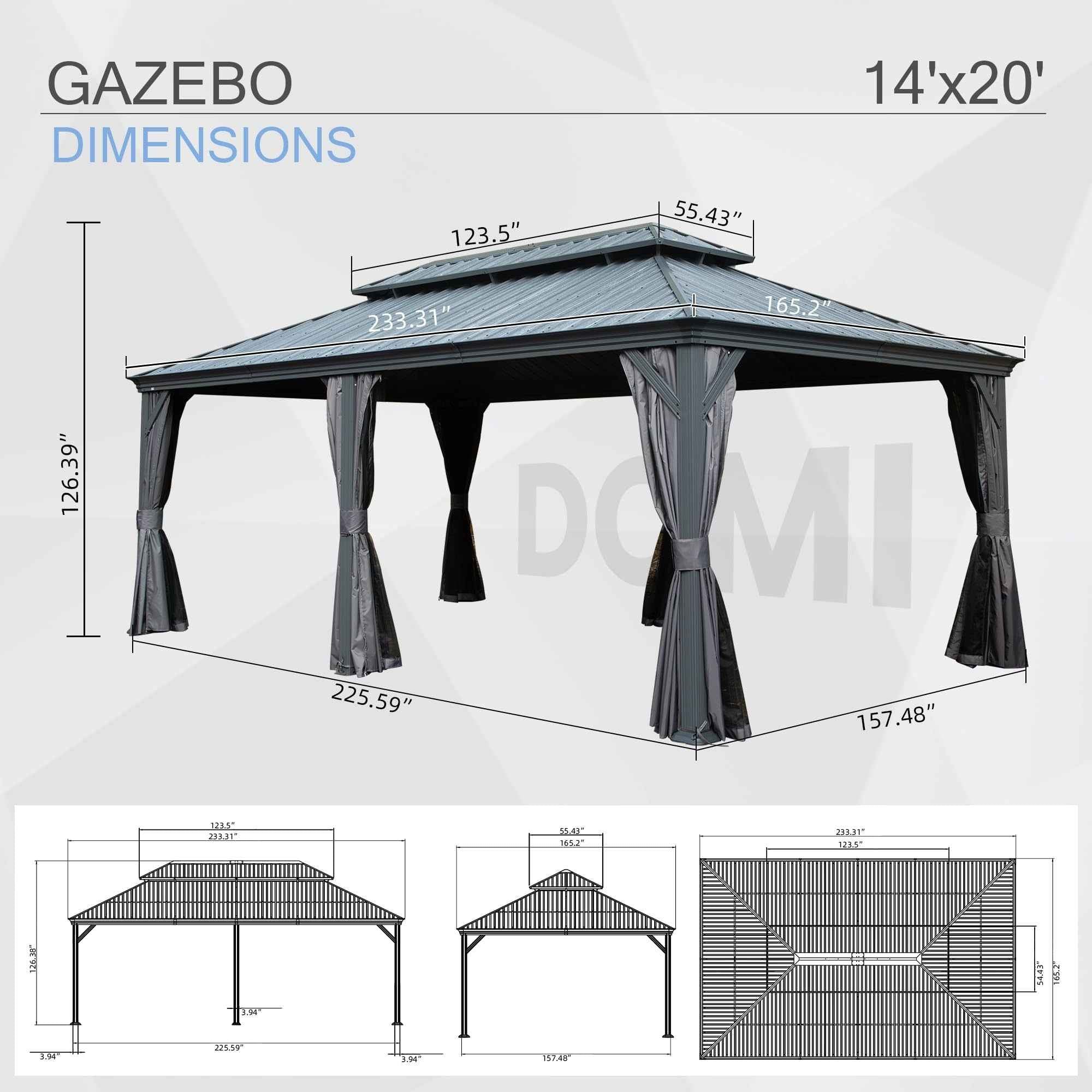 14' X 22' Hardtop Gazebo, Upgraded Metal Gazebo with Drainage System, Dual-Layer Galvanized Steel Roof, Curtain and Netting, Outdoor Shelter Canopy for Patio, Garden, and Backyard, Grey
