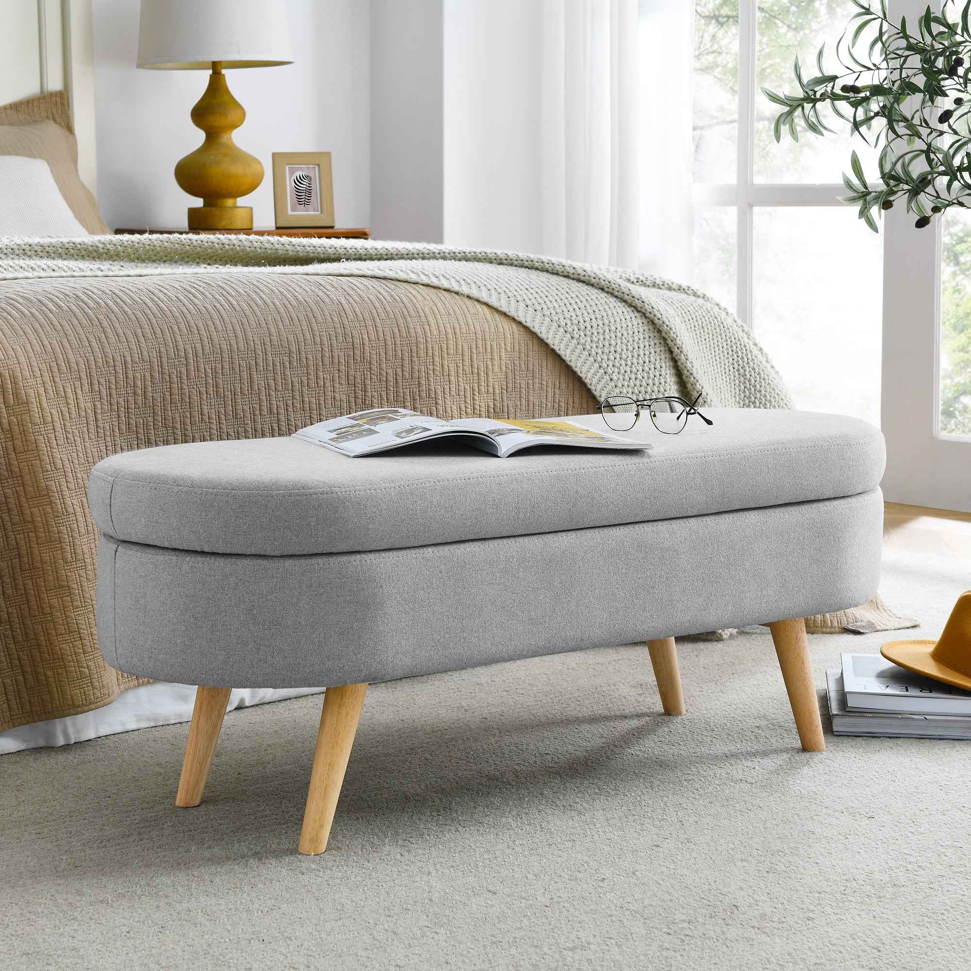 Ottoman Oval Storage Bench with Rubber Wood Legs, Grey Linen, 43.5'x16'x16'