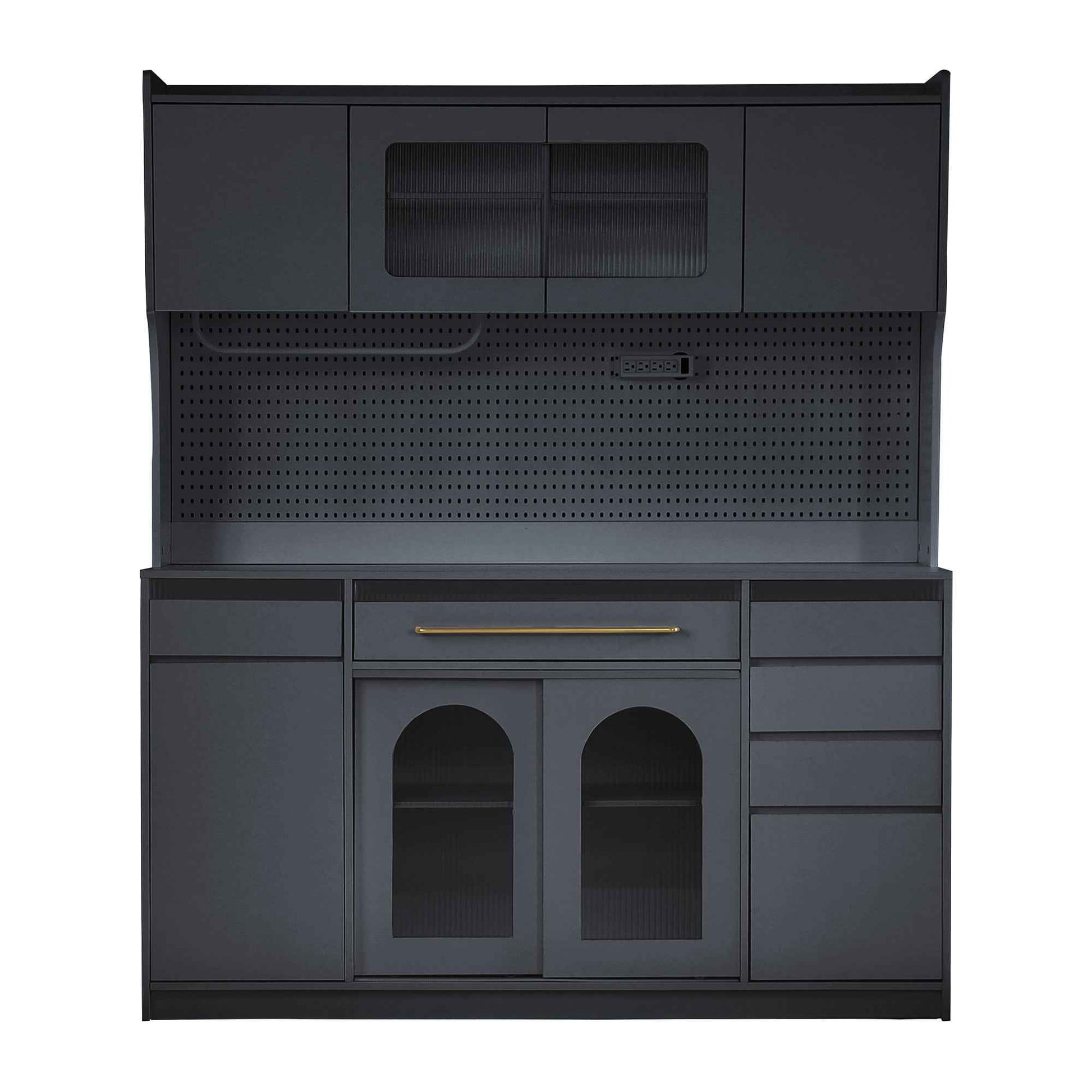 (Assembly Video Offered) TOPMAX Freestanding 63'' W Buffet with Hutch, Large Coffee Bar Storage Cabinet with 6 Drawers, 5 Cabinets with Adjustable Shelves,Pegboard,Towel Rack, Power Outlet,Black