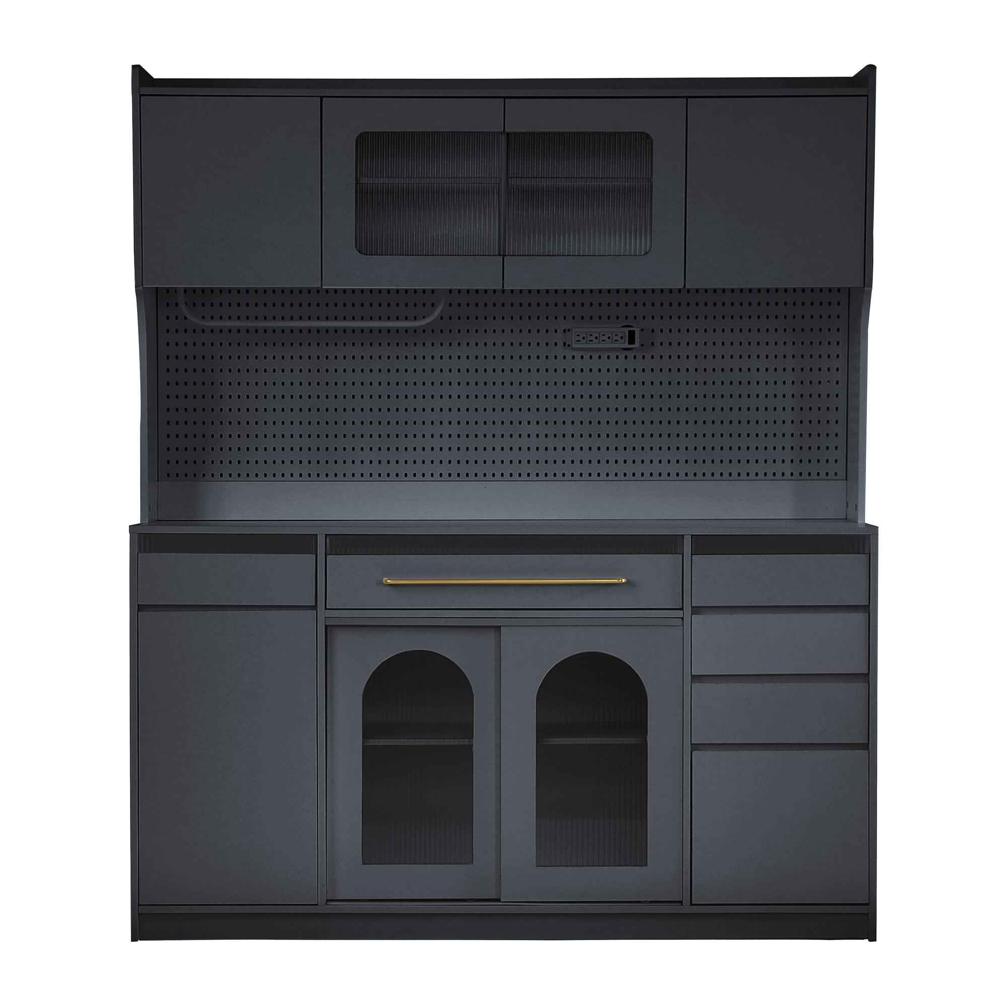 (Assembly Video Offered) TOPMAX Freestanding 63'' W Buffet with Hutch, Large Coffee Bar Storage Cabinet with 6 Drawers, 5 Cabinets with Adjustable Shelves,Pegboard,Towel Rack, Power Outlet,Black