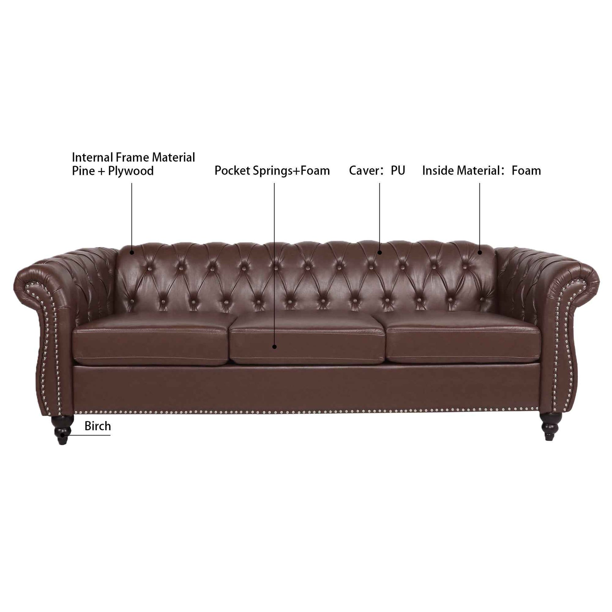 Dark Brown PU Rolled Arm Chesterfield Three Seater Sofa with Solid Wood Frame and Birch Legs