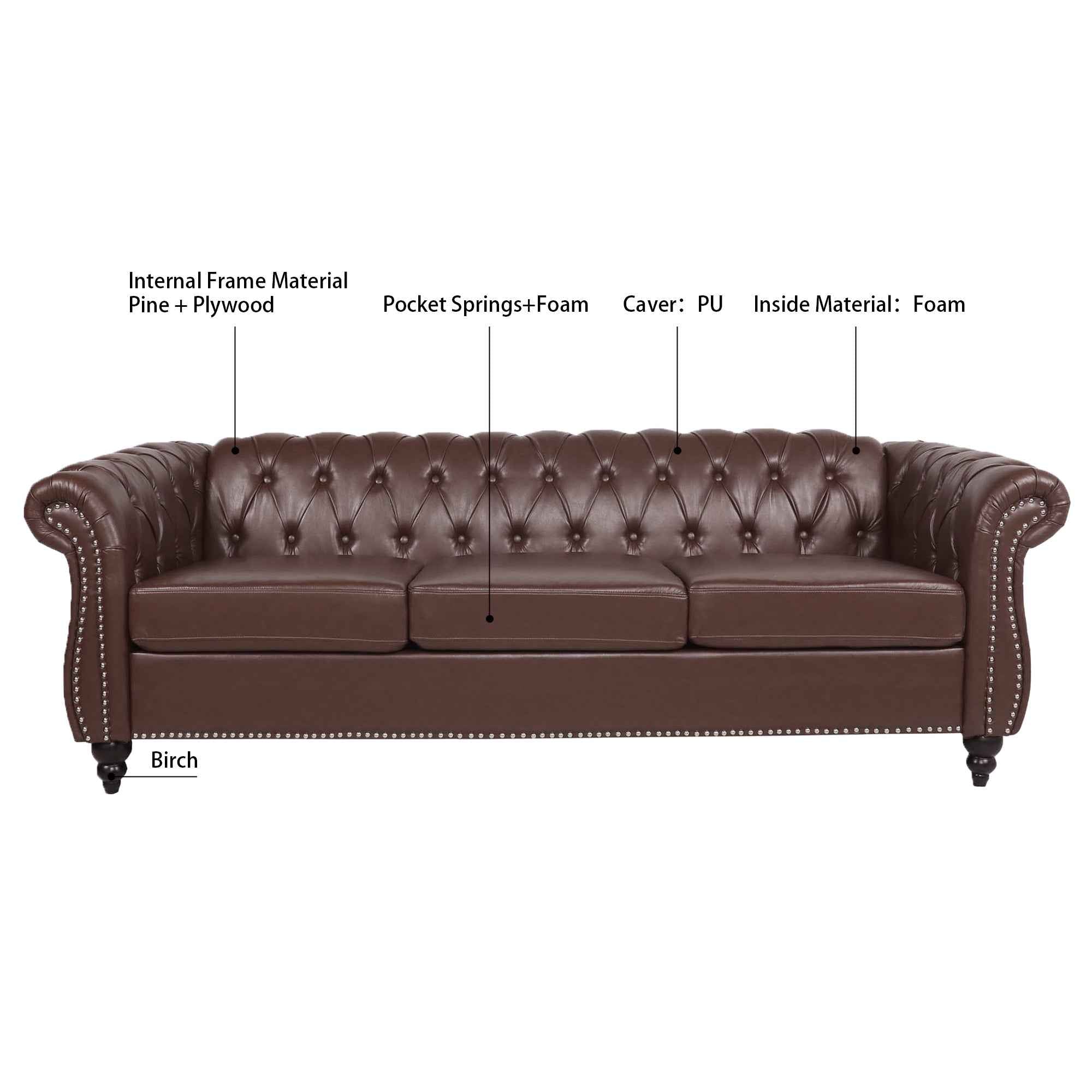 Dark Brown PU Rolled Arm Chesterfield Three Seater Sofa with Solid Wood Frame and Birch Legs