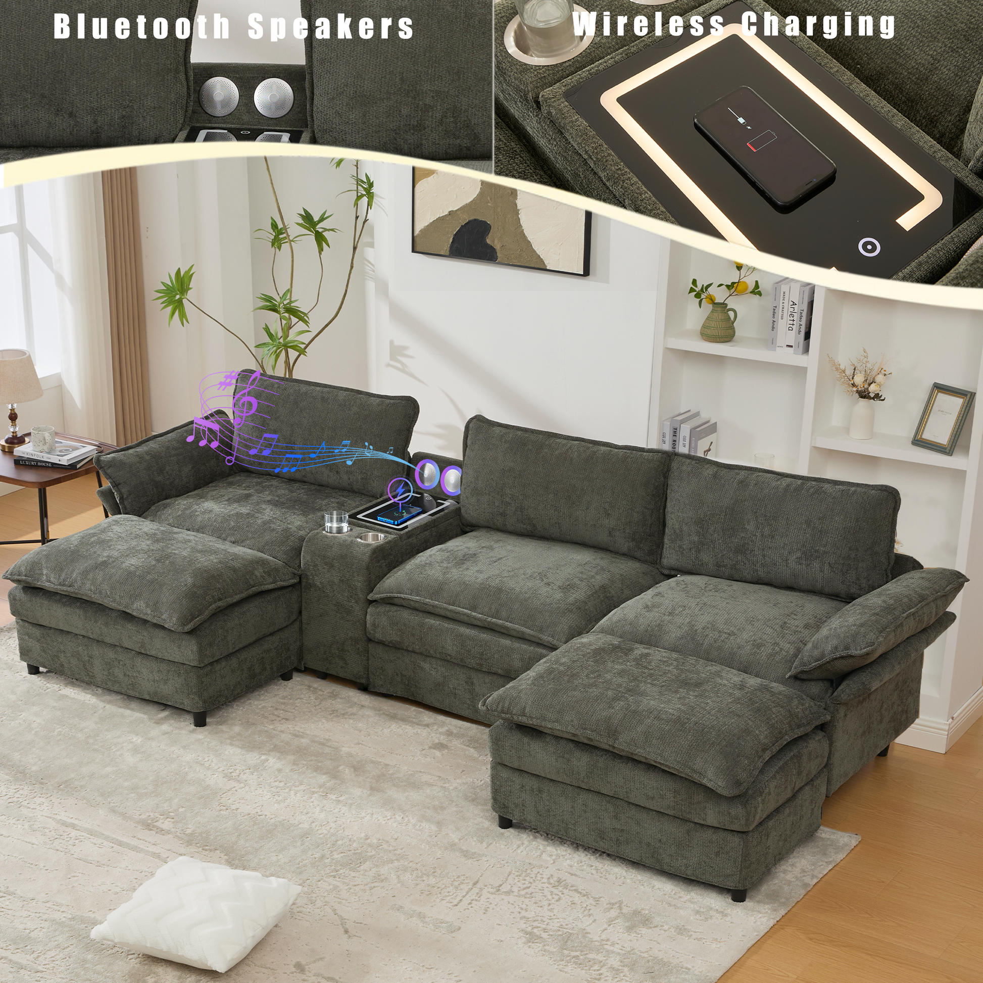 [NEW ARRIVED] [VIDEO PROVIDED]U Shaped Modular Sectional Sofa,Storage Console & Wireless Charging,2 Cup Holders,Bluetooth Speakers,2 Movable Footstools,Adjustable handrail,Movable seat,Chenille,Green
