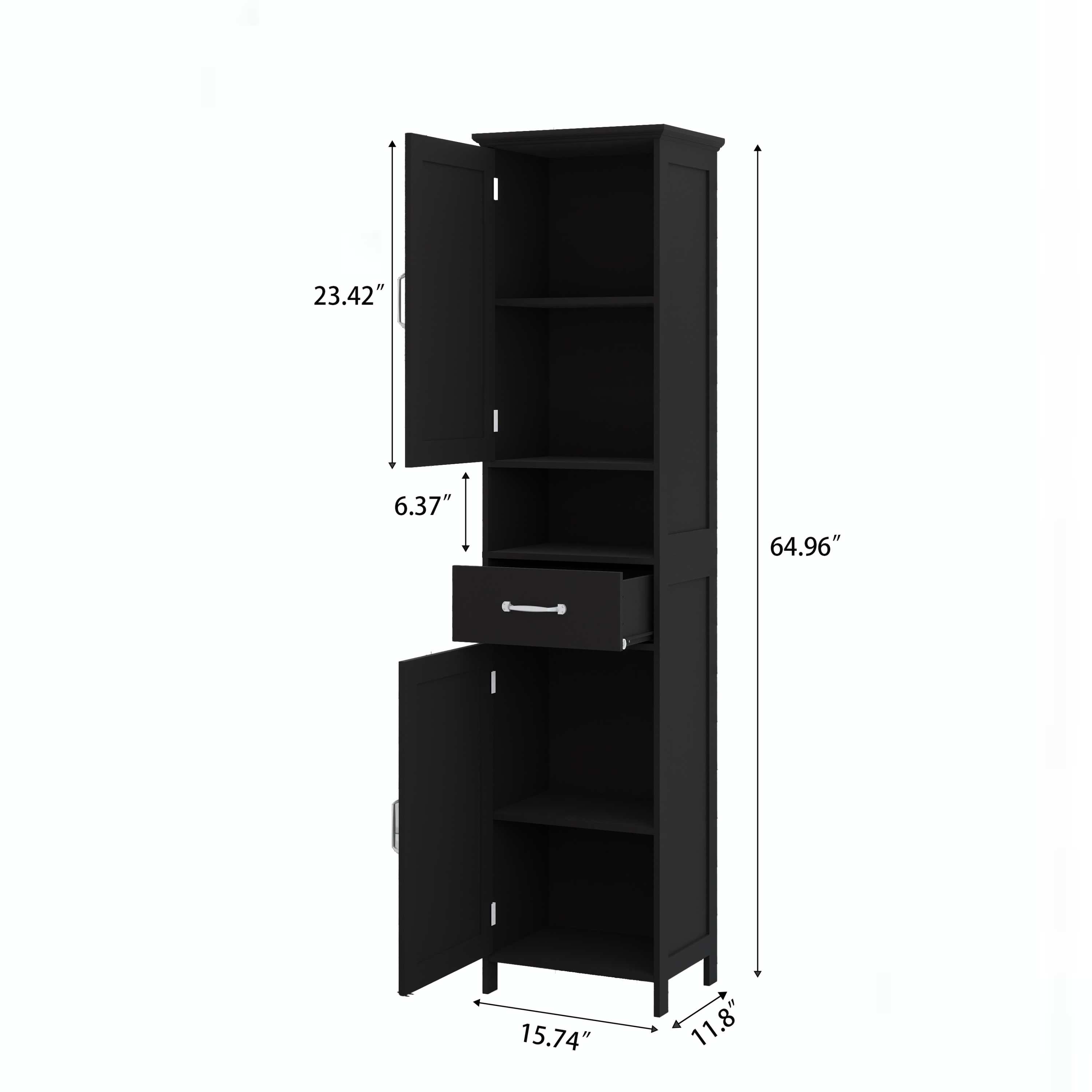 Double Door Narrow Height Slim Floor Standing Cabinet with 2 Adjustable Shelves-Black