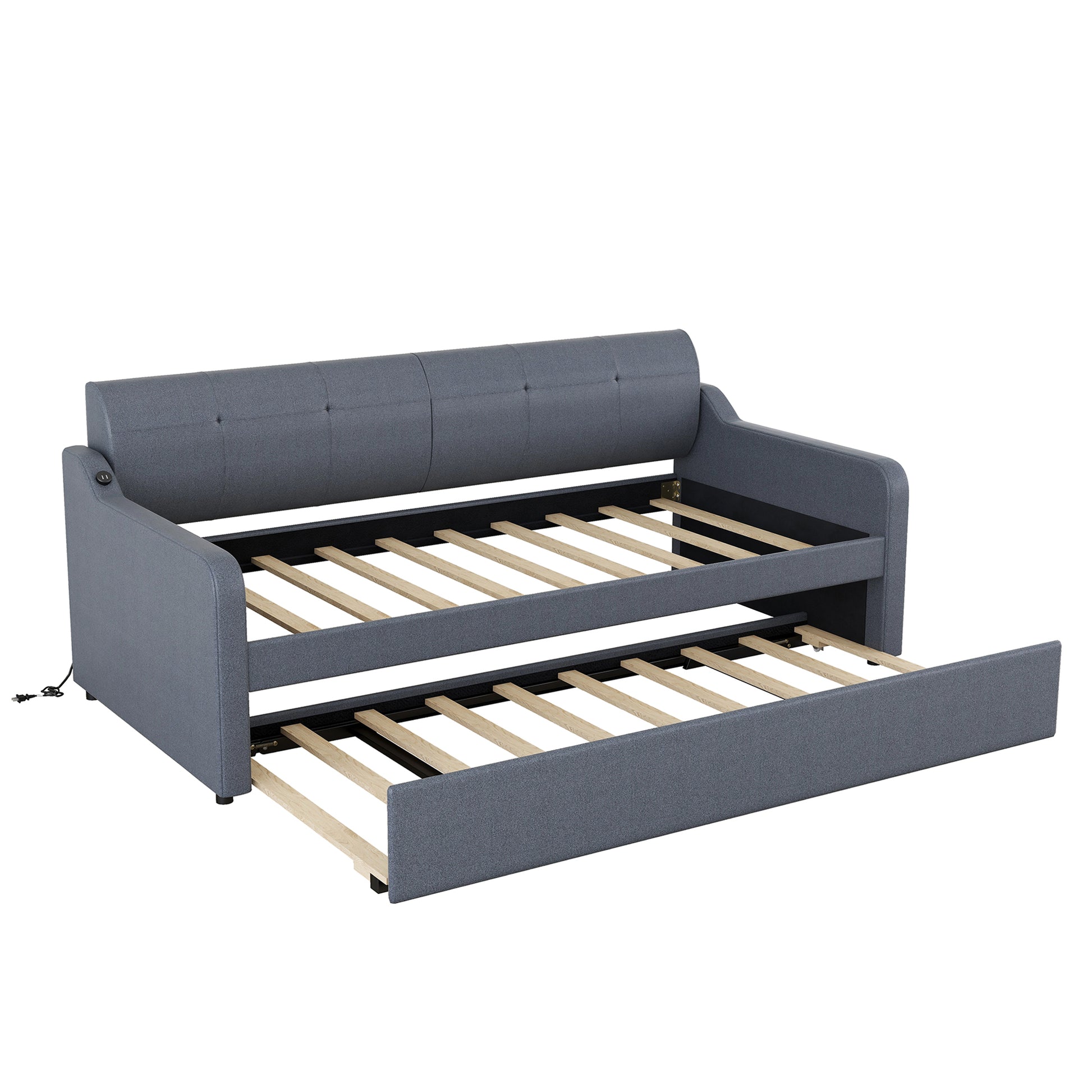 Twin Size Upholstery DayBed with Trundle and USB Charging Design,Trundle can be flat or erected,Gray - Abrihome