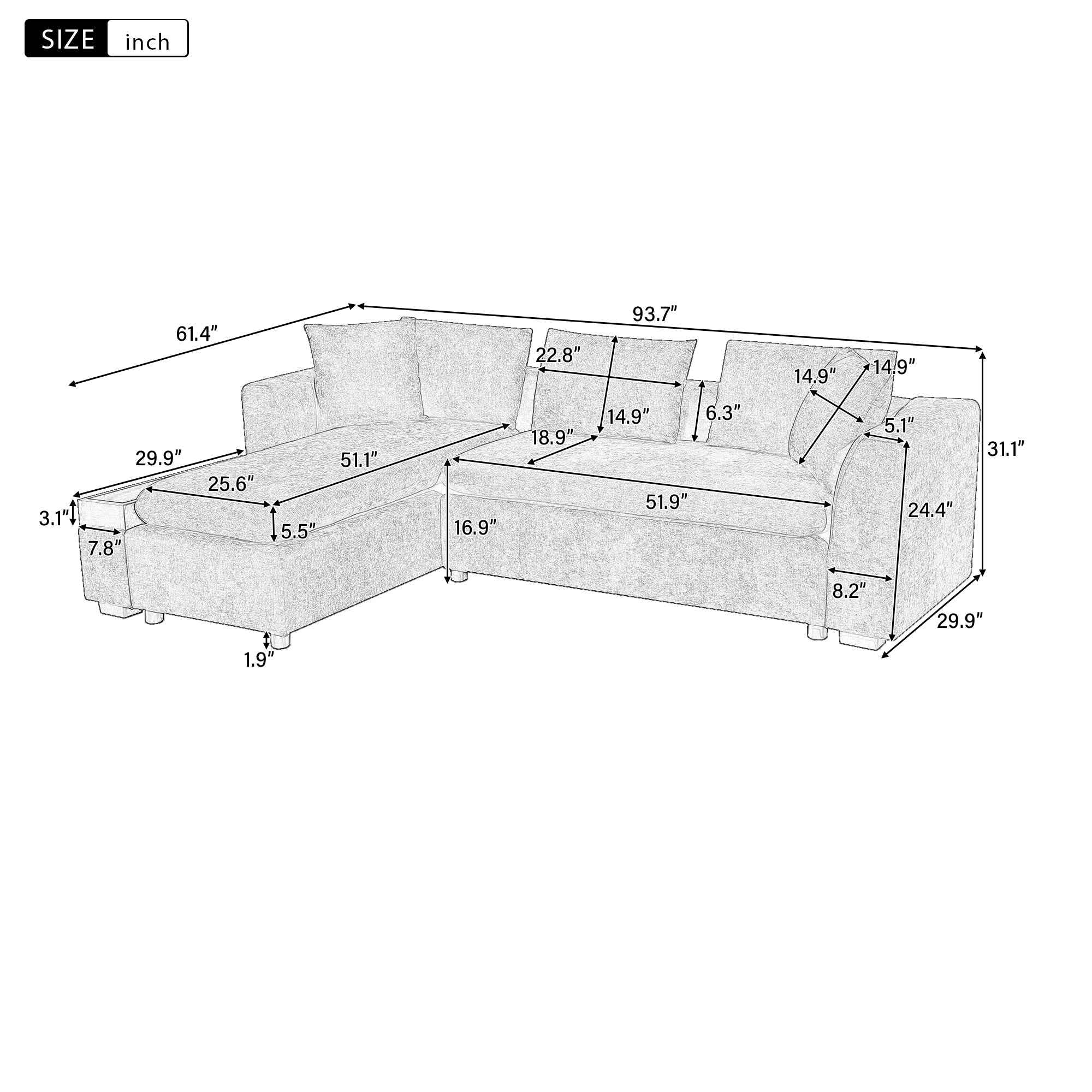 Elegant L-Shaped Sectional Sofa with Chenille Upholstery and Wooden Storage Compartment, Brown
