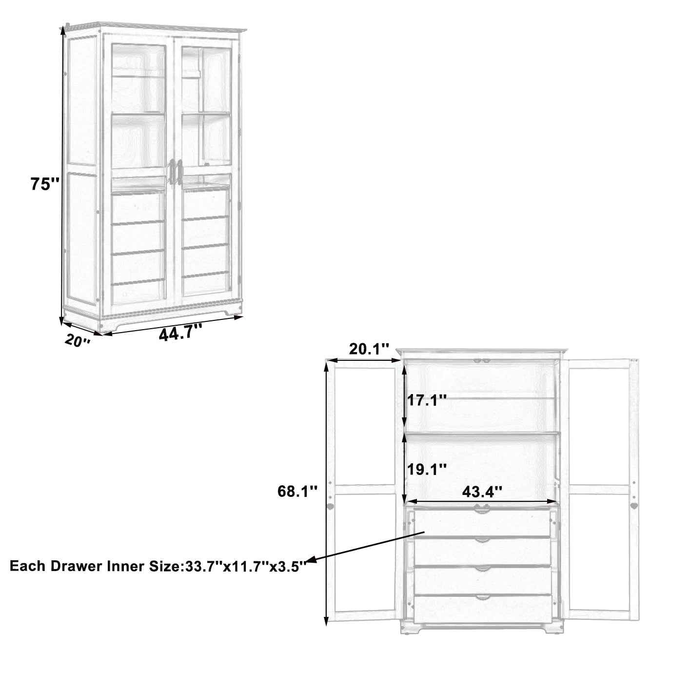 TOPMAX 44.7x20x75inch Kitchen Pantry, Freestanding Kitchen Storage Cabinet Display Cabinet with Glass Doors and 4 Built-in Drawers for Living Room, Home Office, Natural