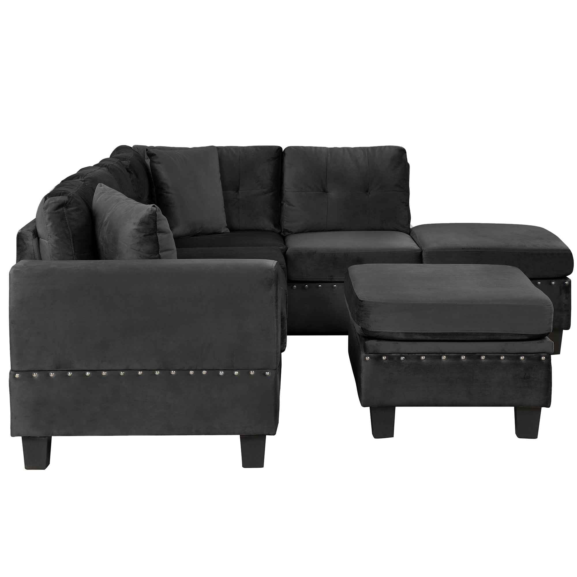 Modern Sectional Sofa with Storage Ottoman, L-Shape Couch with 2 Pillows and Cup Holders, Black Velvet, 105'