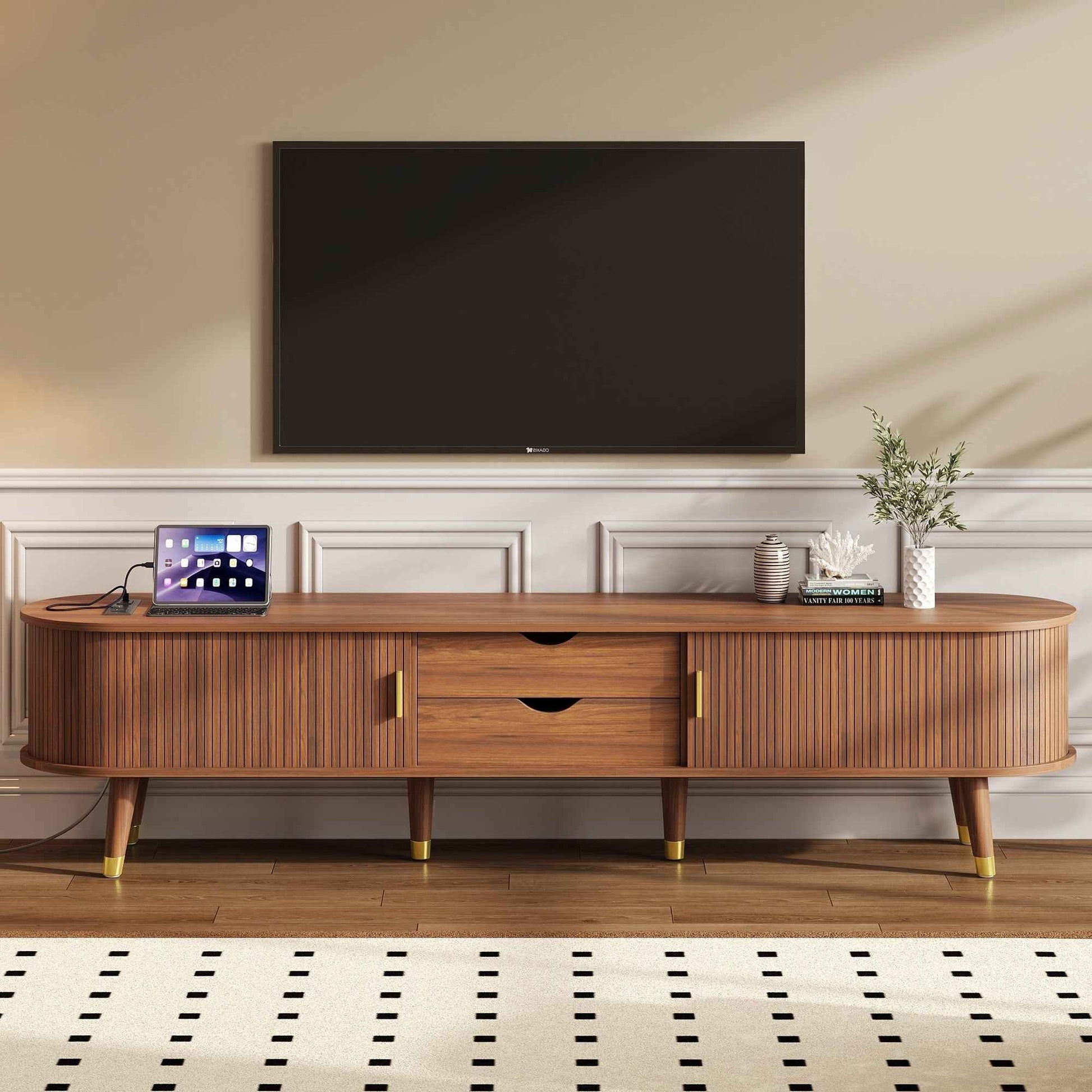 [Assembly Video]Wooden Oval Fluted TV Stand with Charging Station for TV up to 80', Mid-Century Media Console with Sliding Tambour Door, Farmhouse TV Cabinet with Golden Handle for Living Room, Walnut