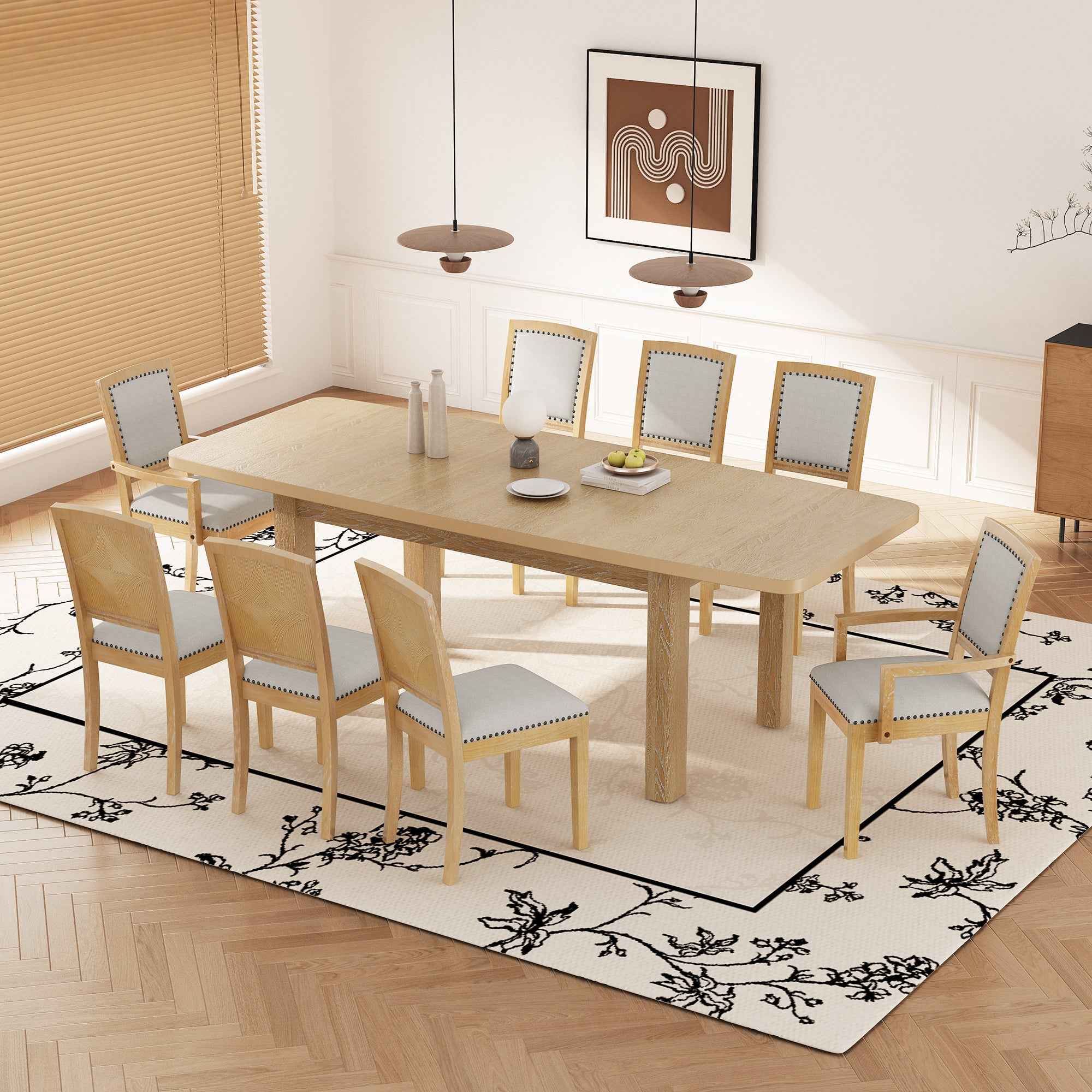 TOPMAX Rustic Extendable Dining Table Set with Removable Leaf, 6 Upholstered Armless Dining Chairs and 2 Padded Arm Chairs, Natural