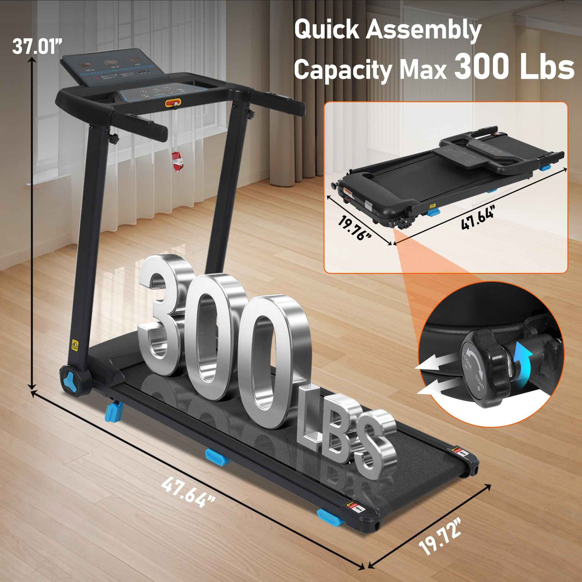Folding Treadmills for Home Small, 3.0HP Portable Treadmill with 8% Incline,10MPH Walking Pad with Incline, 300 LBS Walking Pad Treadmills with Bluetooth, Heart Rate Sensors,Charge Station