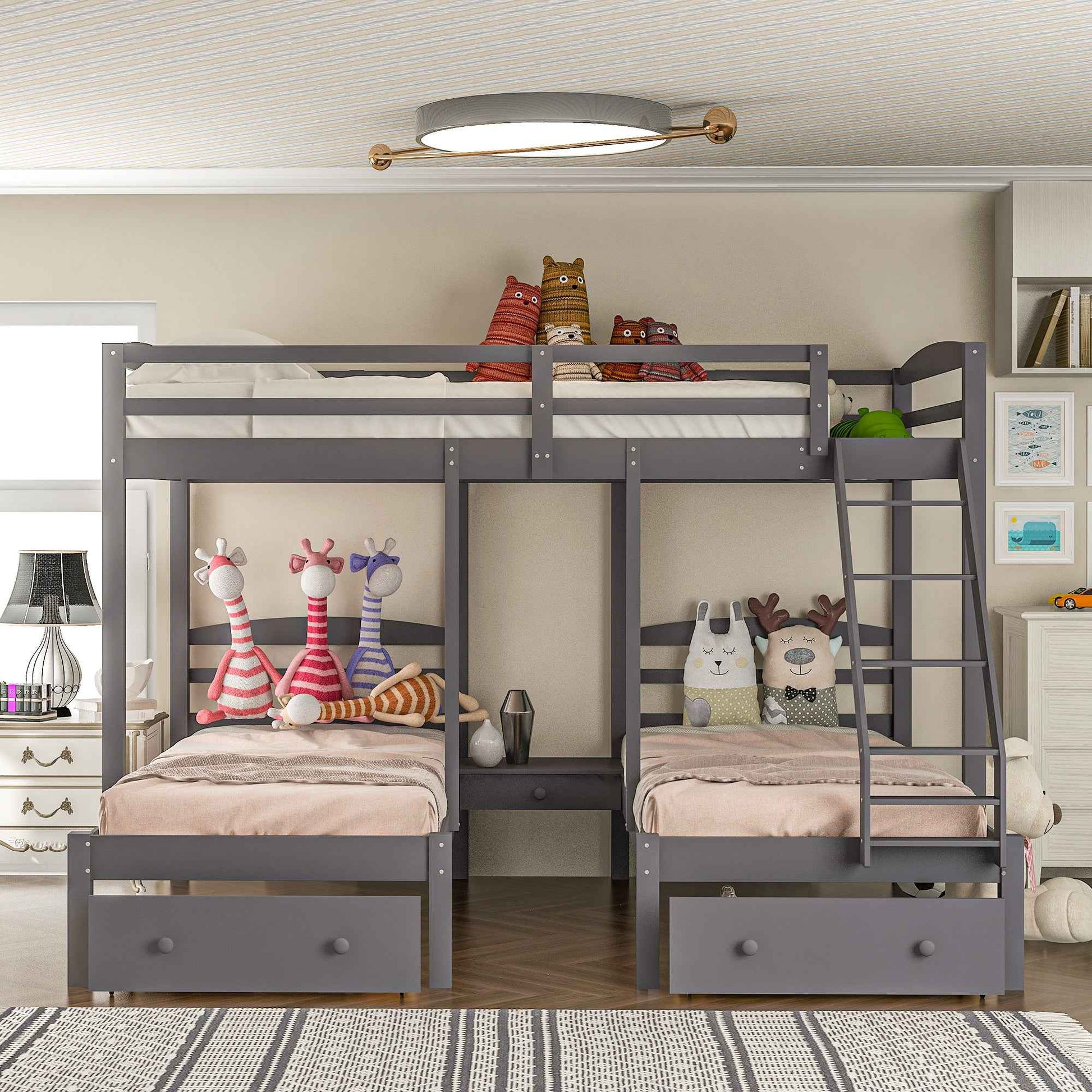 Full over Twin & Twin, Triple Bunk Bed with Drawers, Grey