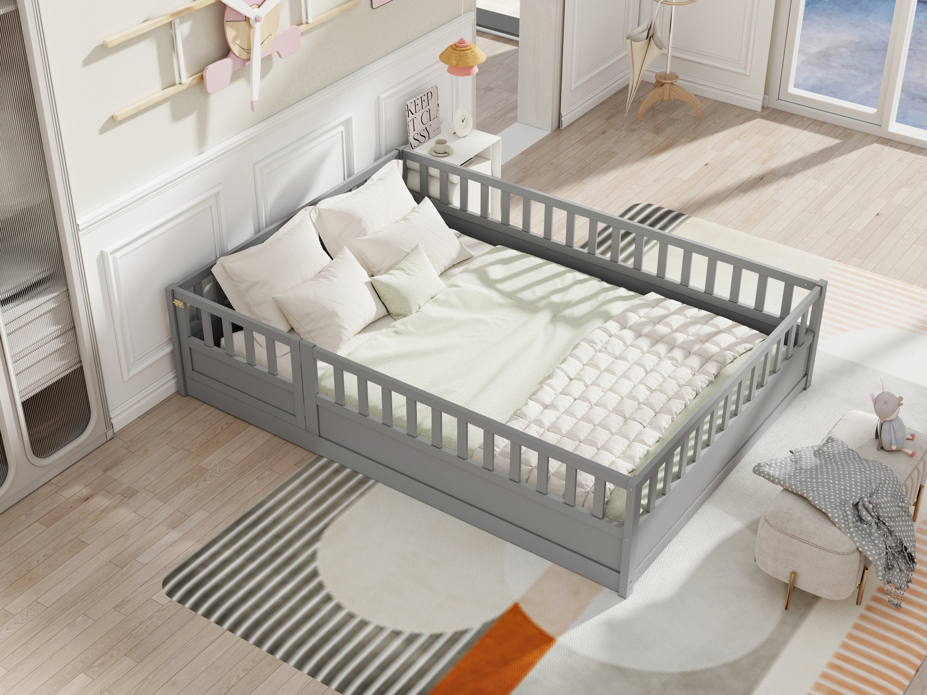 Full size  Floor bed, integral construction with super high security barrier, door, children's floor bed frame, Montessori wooden children's floor bed, Support slat Grey