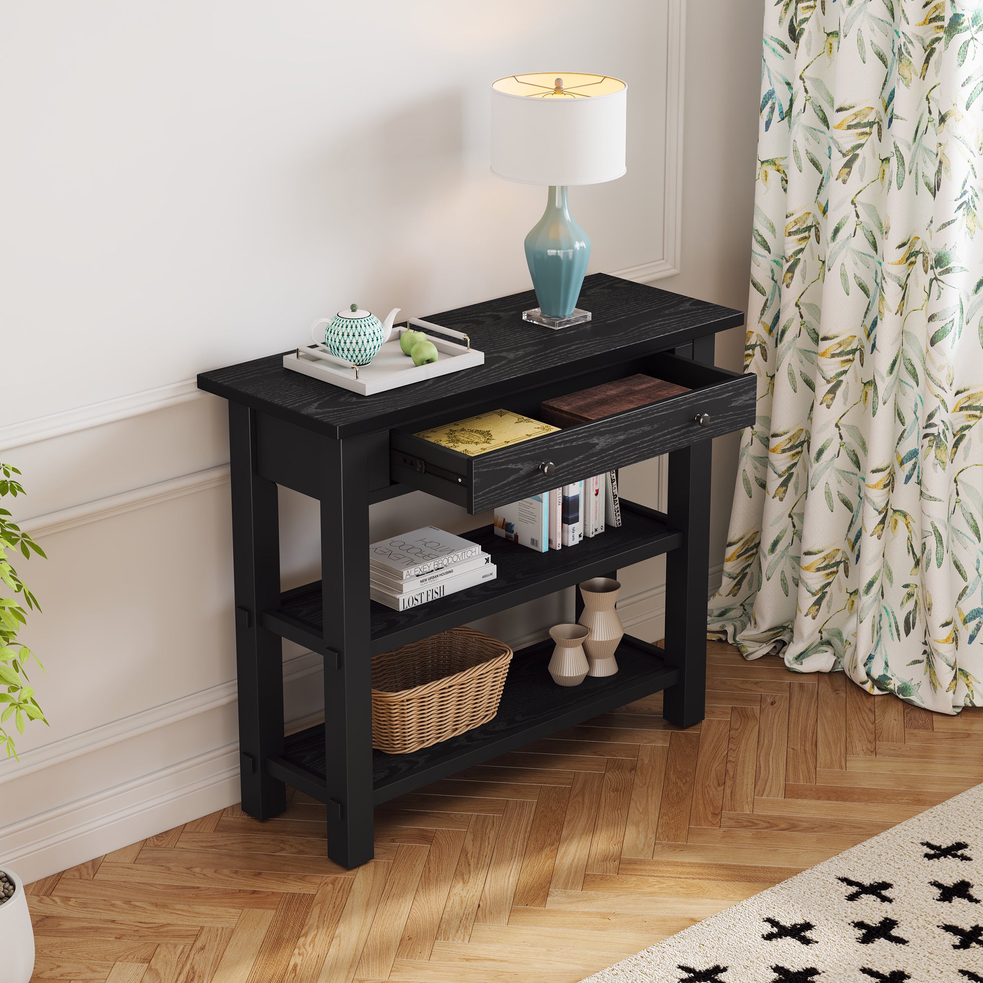 TREXM Retro Console Table with Drawer and Two Sturdy Shelves for Entryway, Living Room (Black)