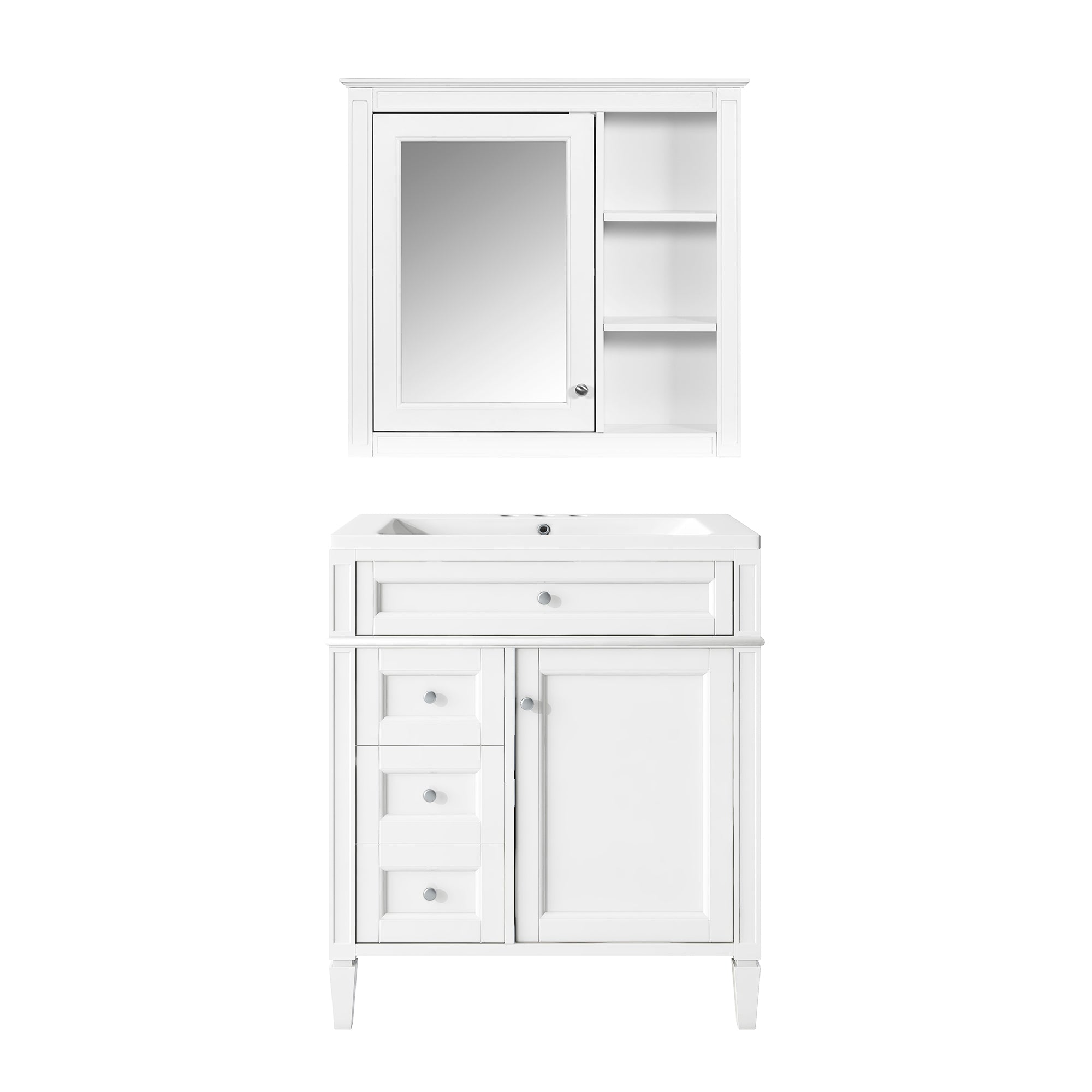 Modern 30'' Bathroom Vanity with Top Sink, White Freestanding Storage Cabinet with 2 Drawers and Tip-out Drawer, Mirror Cabinet Combo, Solid Wood + MDF Frame, Ceramic Undermount Sink